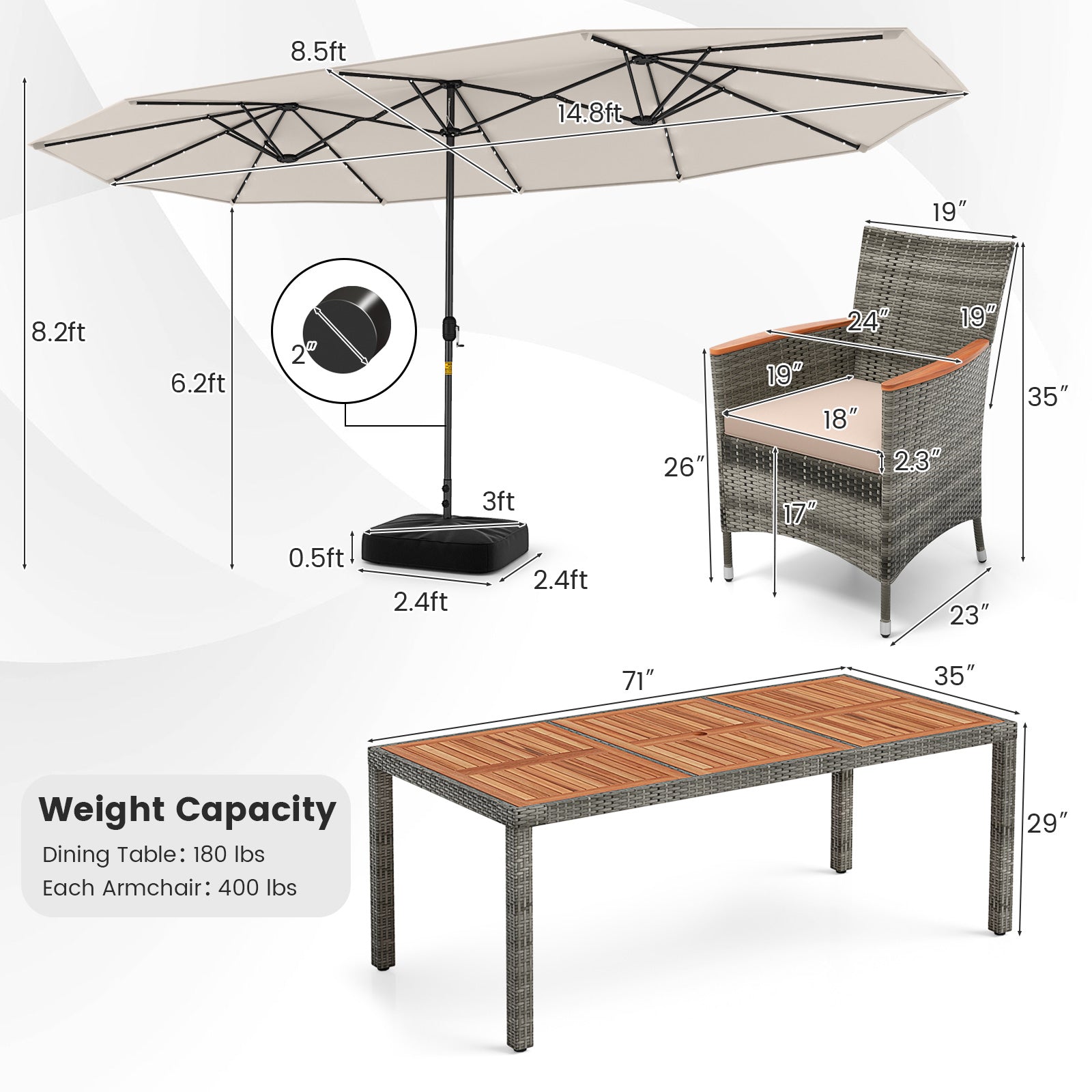 11 Pieces Patio Dining Set with 15 Feet Double-Sided Patio Umbrella Base Included, Beige Patio Furniture Sets at Gallery Canada
