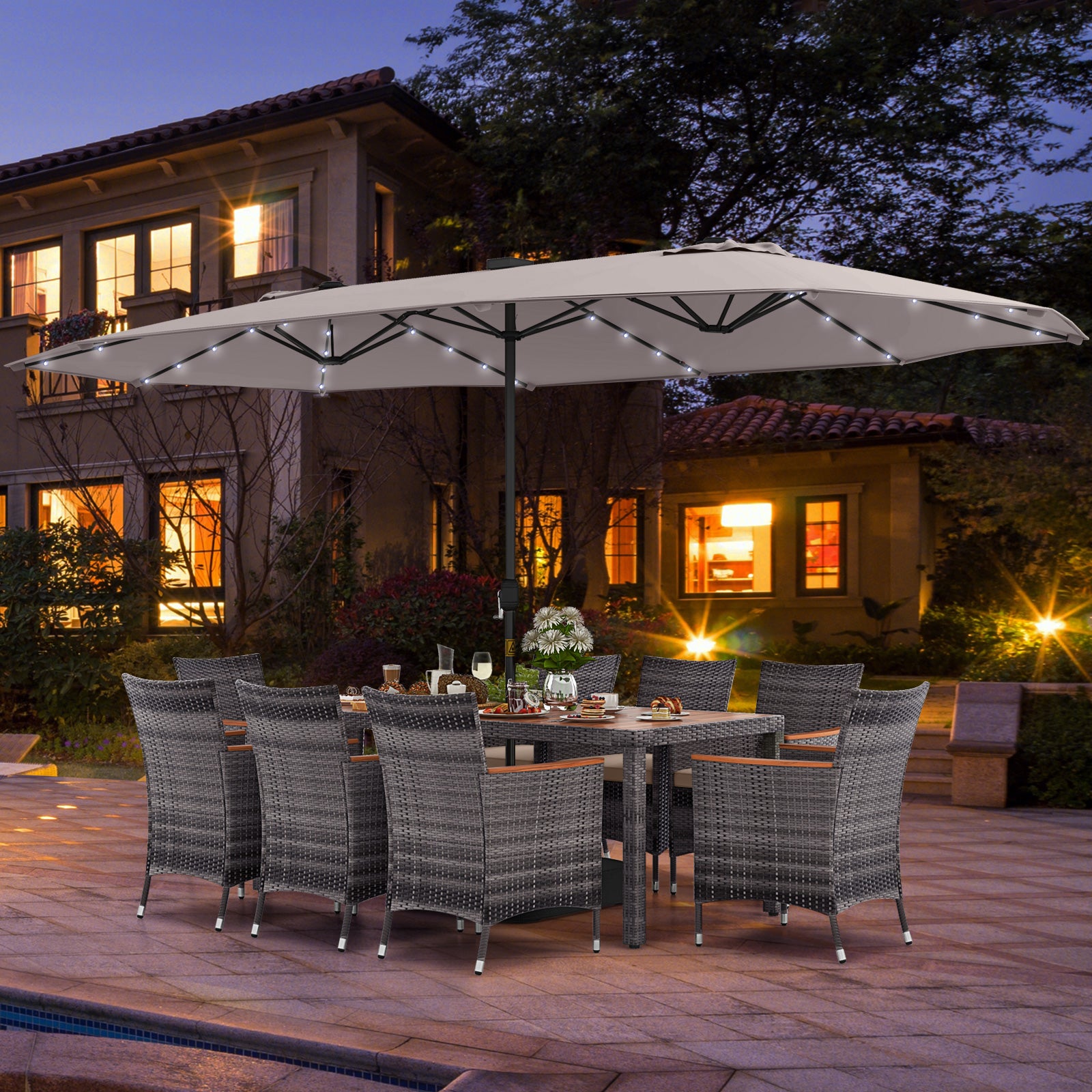 11 Pieces Patio Dining Set with 15 Feet Double-Sided Patio Umbrella Base Included, Beige Patio Furniture Sets at Gallery Canada