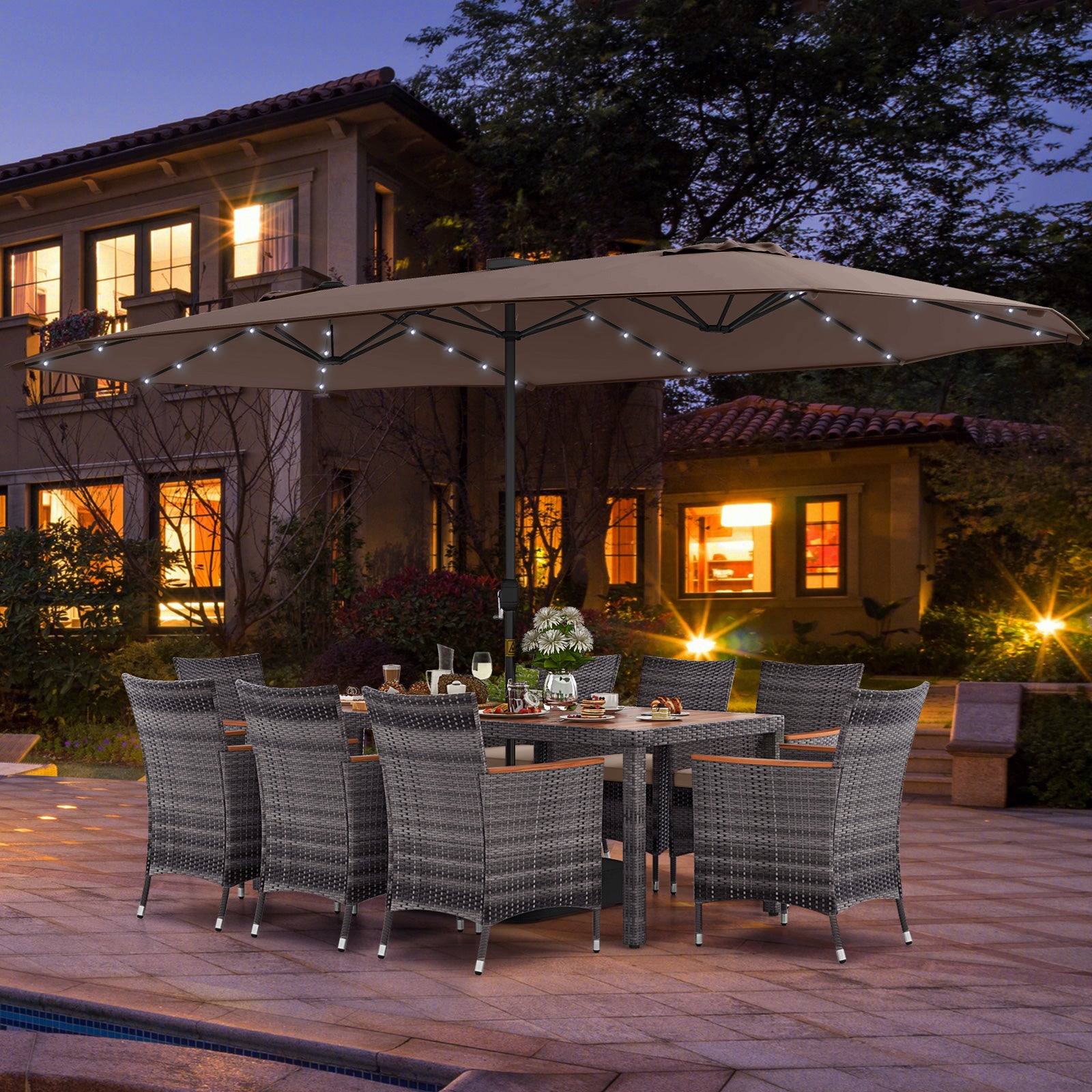 11 Pieces Patio Dining Set with 15 Feet Double-Sided Patio Umbrella Base Included, Tan Patio Dining Sets at Gallery Canada