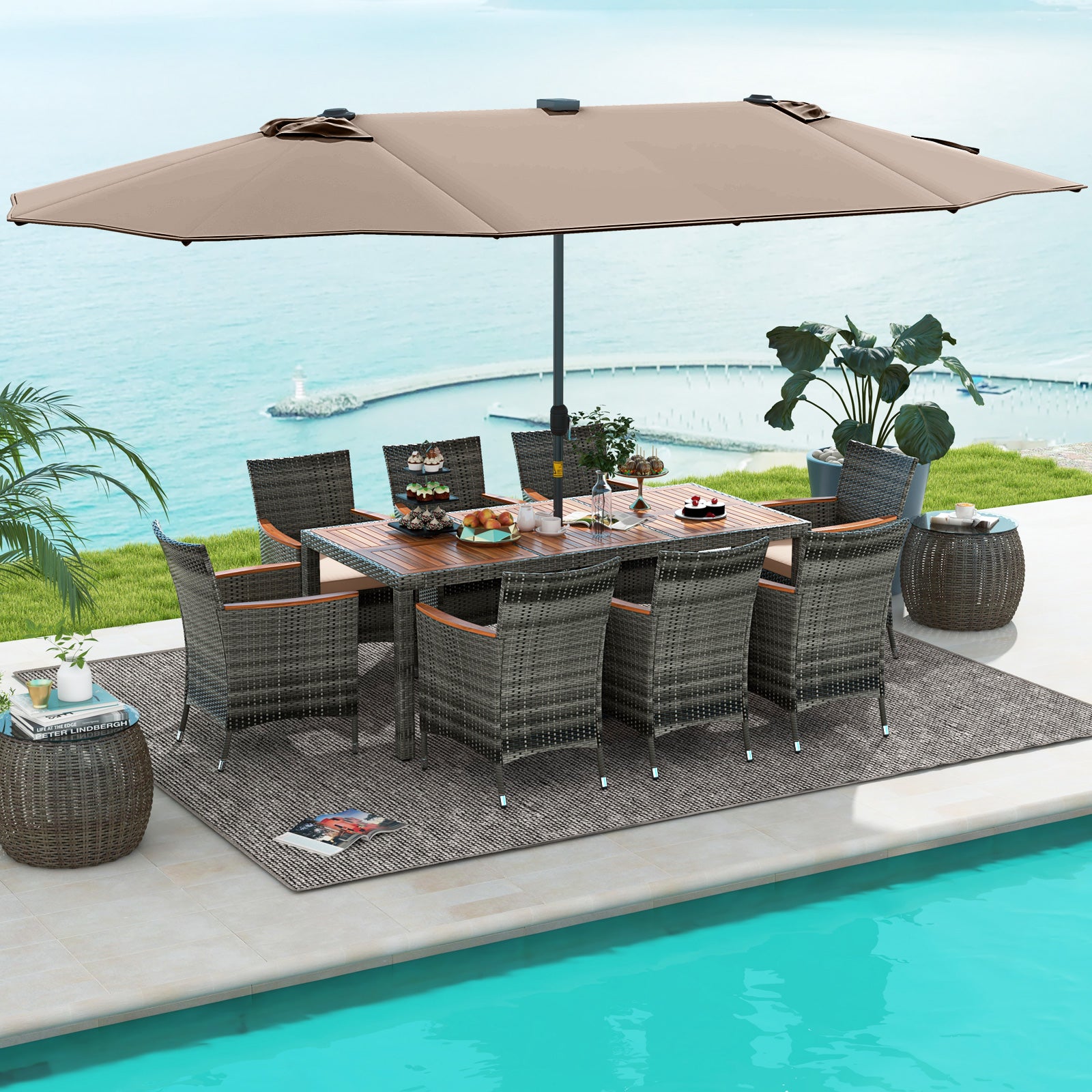 11 Pieces Patio Dining Set with 15 Feet Double-Sided Patio Umbrella Base Included, Tan Patio Dining Sets at Gallery Canada