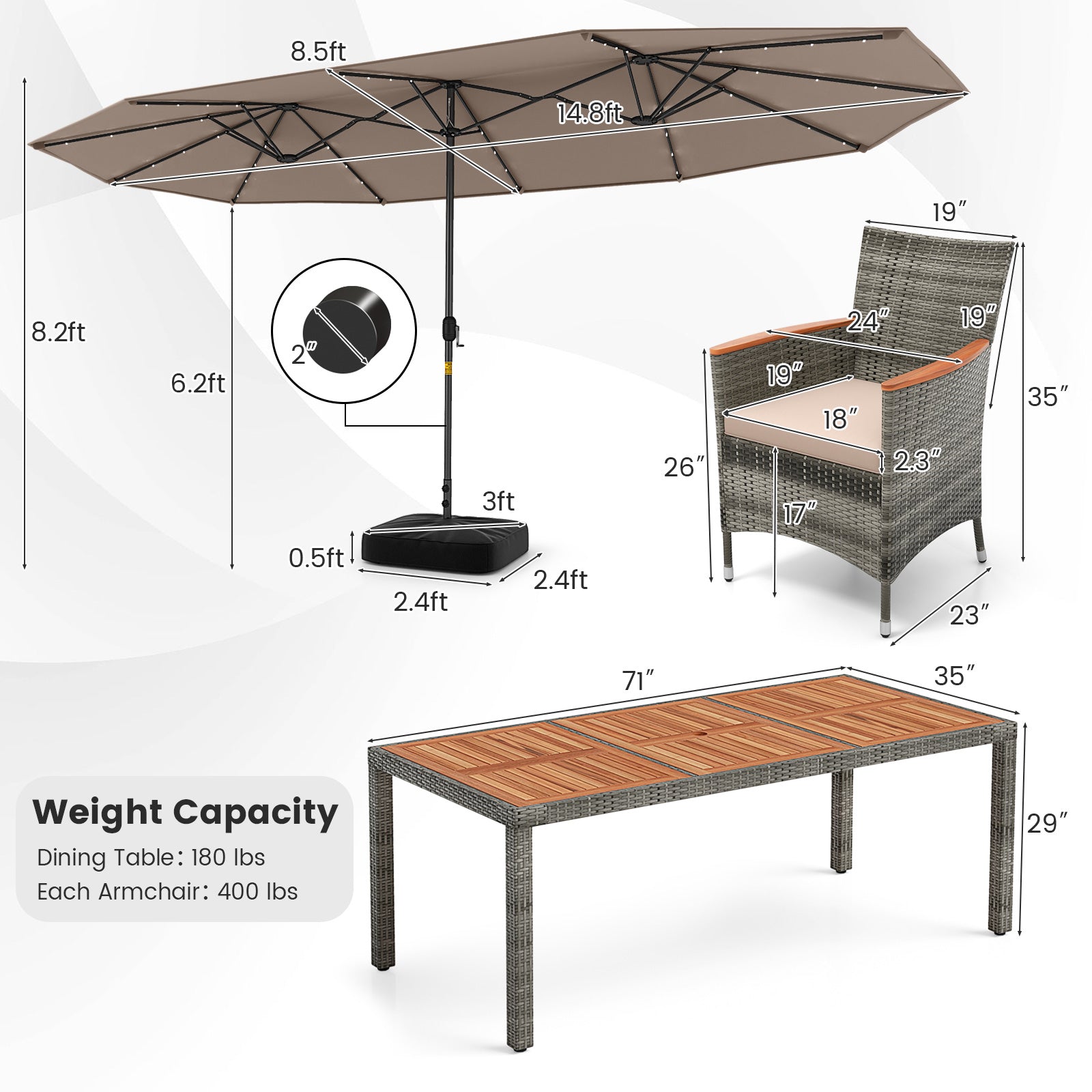 11 Pieces Patio Dining Set with 15 Feet Double-Sided Patio Umbrella Base Included, Tan Patio Dining Sets at Gallery Canada