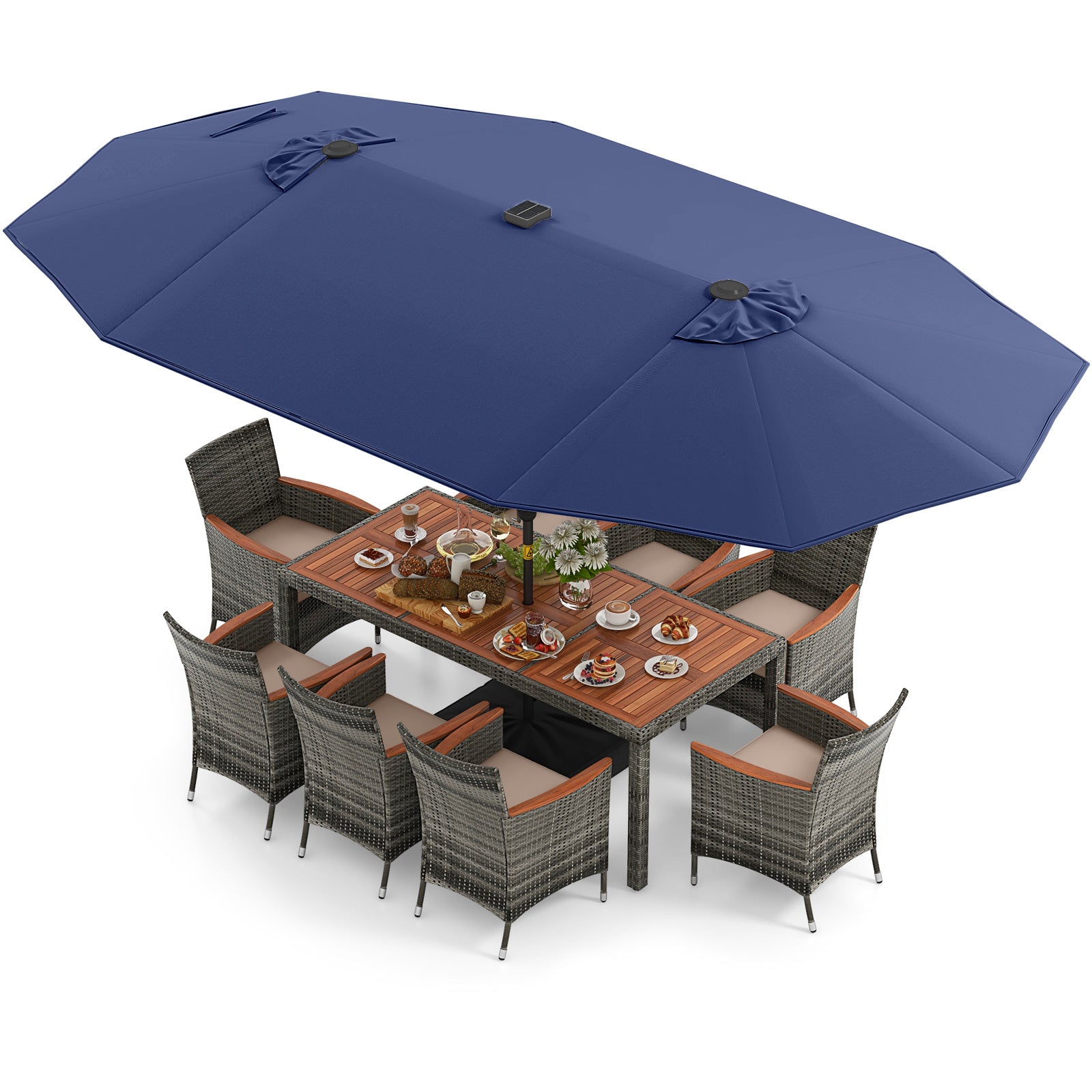 11-Piece Patio Dining Set, 15-Foot Double-Sided Umbrella, Navy Patio Dining Sets at Gallery Canada