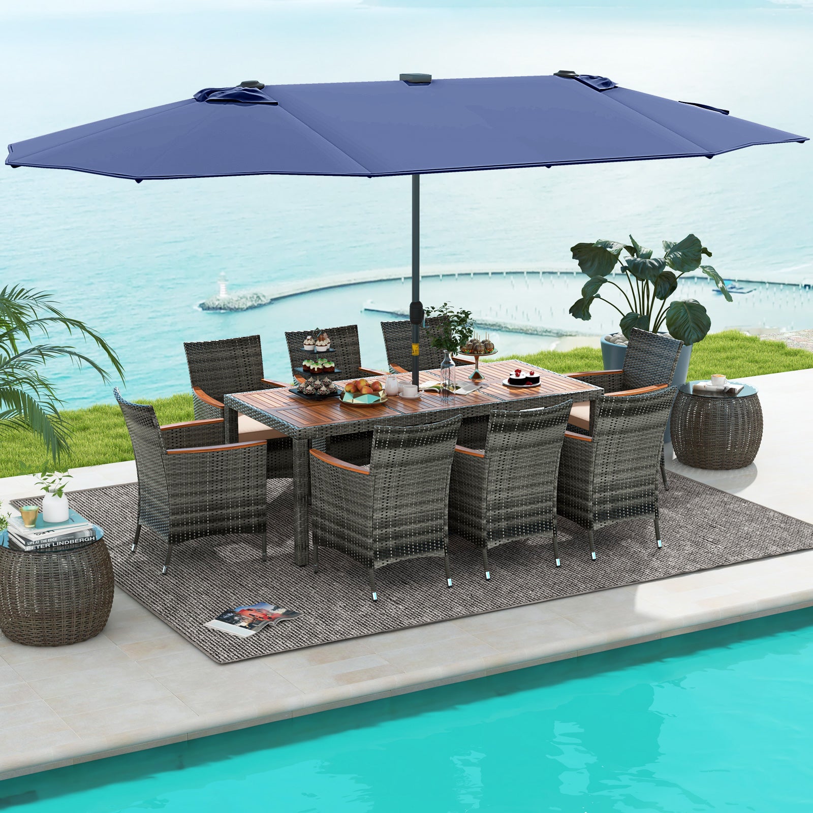 11 Pieces Patio Dining Set with 15 Feet Double-Sided Patio Umbrella Base Included, Navy Patio Dining Sets at Gallery Canada