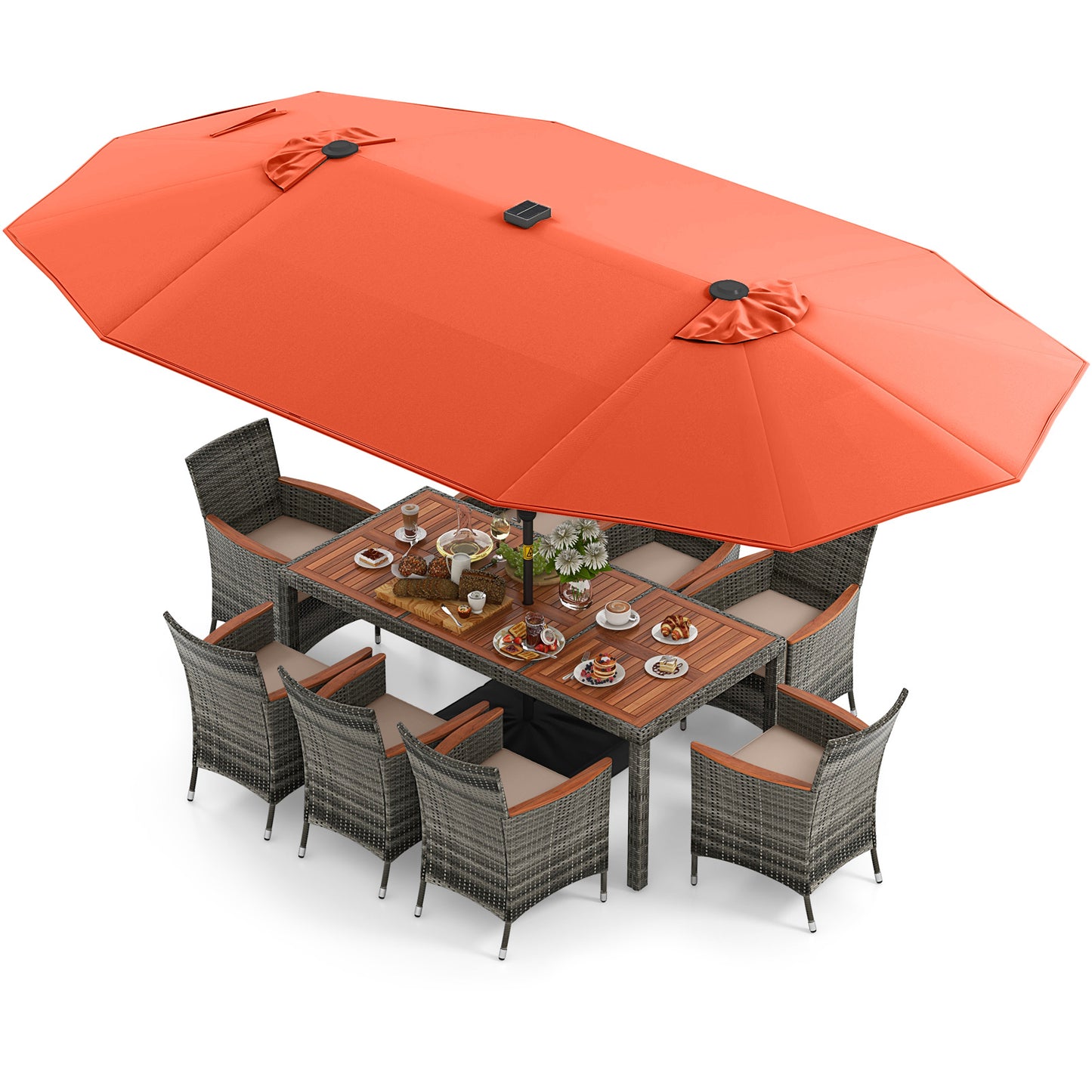 11 Pieces Patio Dining Set with 15 Feet Double-Sided Patio Umbrella Base Included, Orange Patio Dining Sets Orange at Gallery Canada