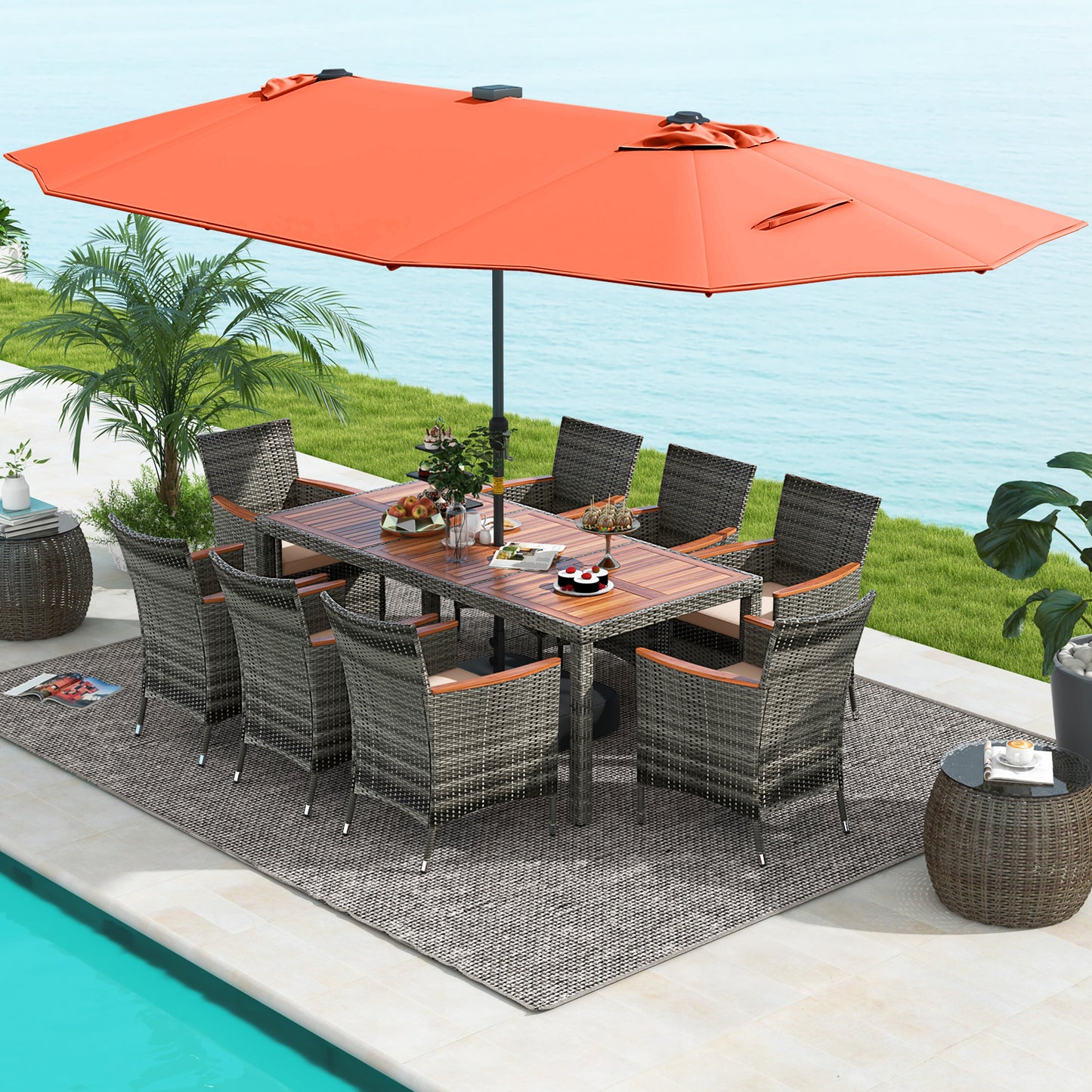 11 Pieces Patio Dining Set with 15 Feet Double-Sided Patio Umbrella Base Included, Orange Patio Dining Sets at Gallery Canada