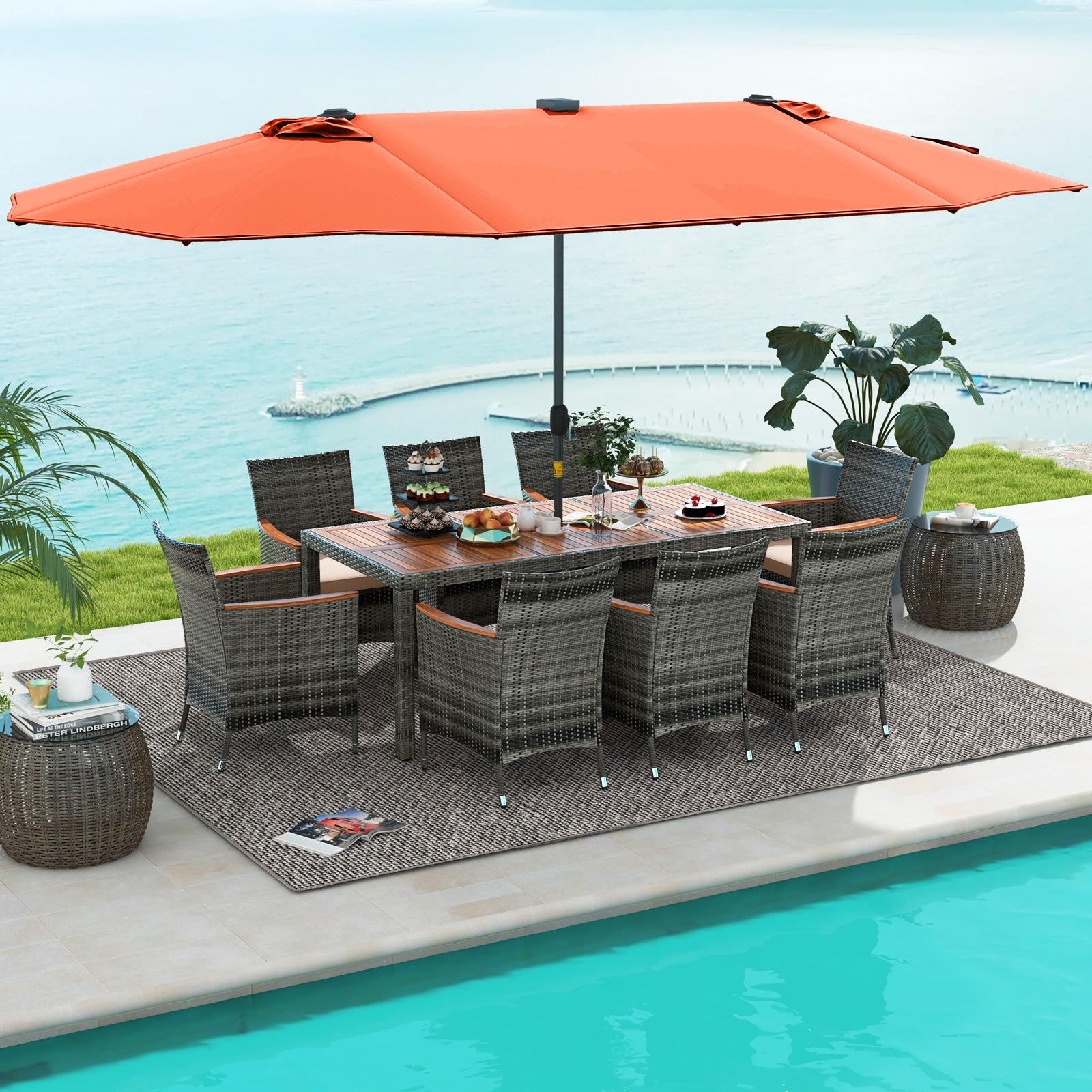 11 Pieces Patio Dining Set with 15 Feet Double-Sided Patio Umbrella Base Included, Orange Patio Dining Sets at Gallery Canada
