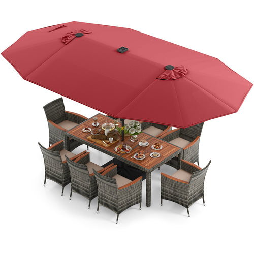 11 Pieces Patio Dining Set with 15 Feet Double-Sided Patio Umbrella Base Included, Wine