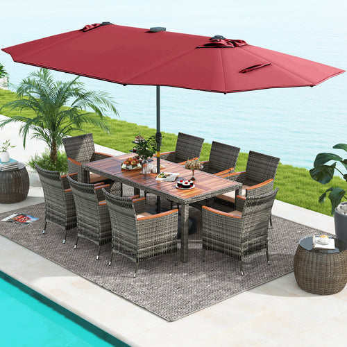 11 Pieces Patio Dining Set with 15 Feet Double-Sided Patio Umbrella Base Included, Wine