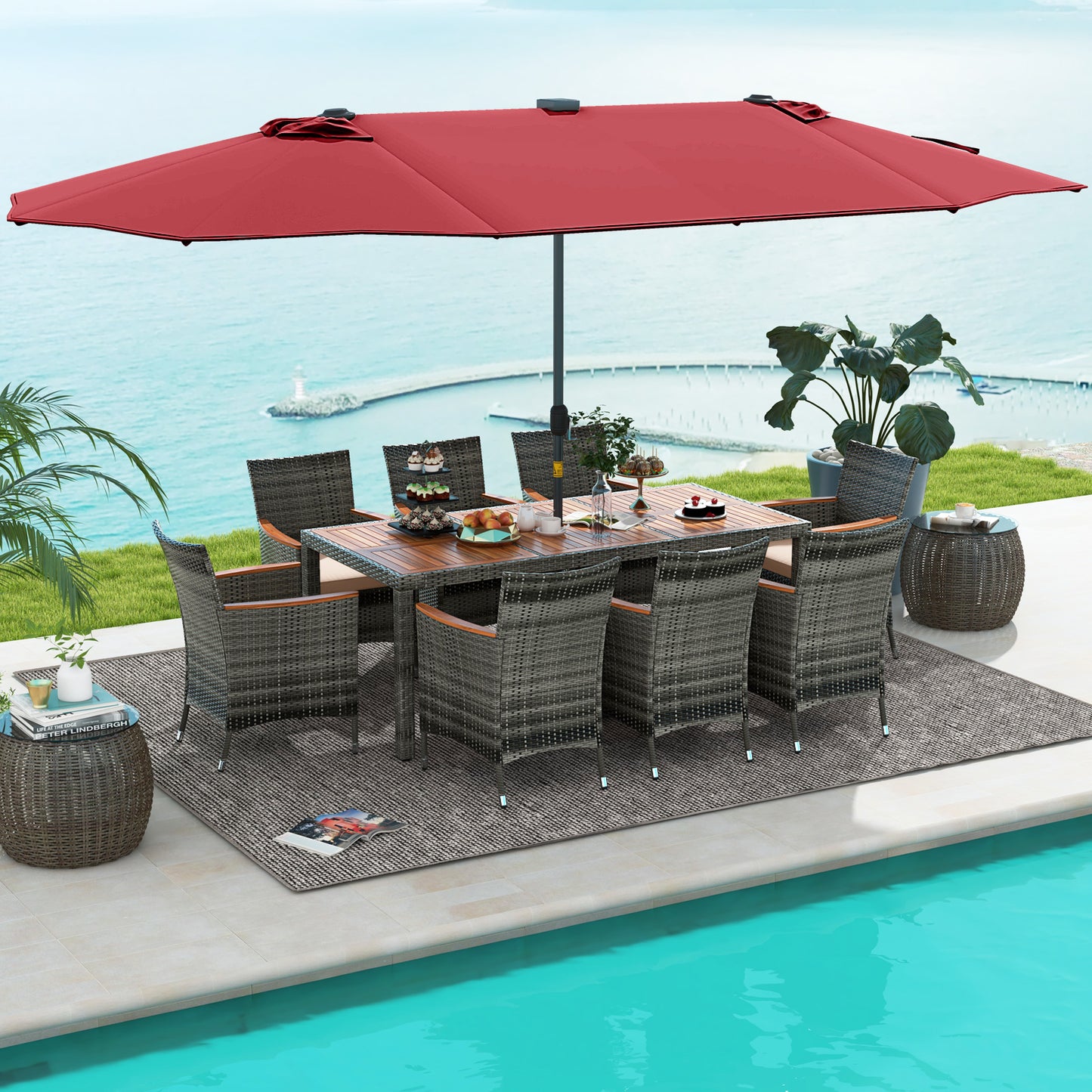 11 Pieces Patio Dining Set with 15 Feet Double-Sided Patio Umbrella Base Included, Wine Patio Dining Sets at Gallery Canada