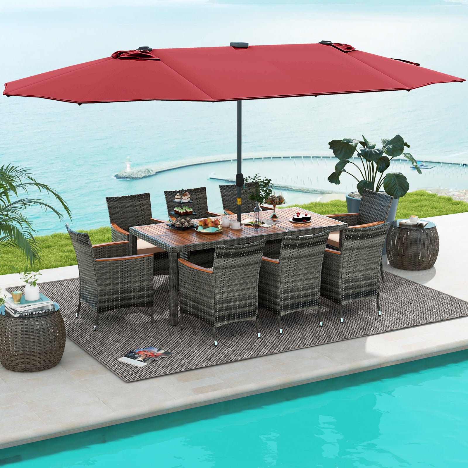 11 Pieces Patio Dining Set with 15 Feet Double-Sided Patio Umbrella Base Included, Wine Patio Dining Sets at Gallery Canada