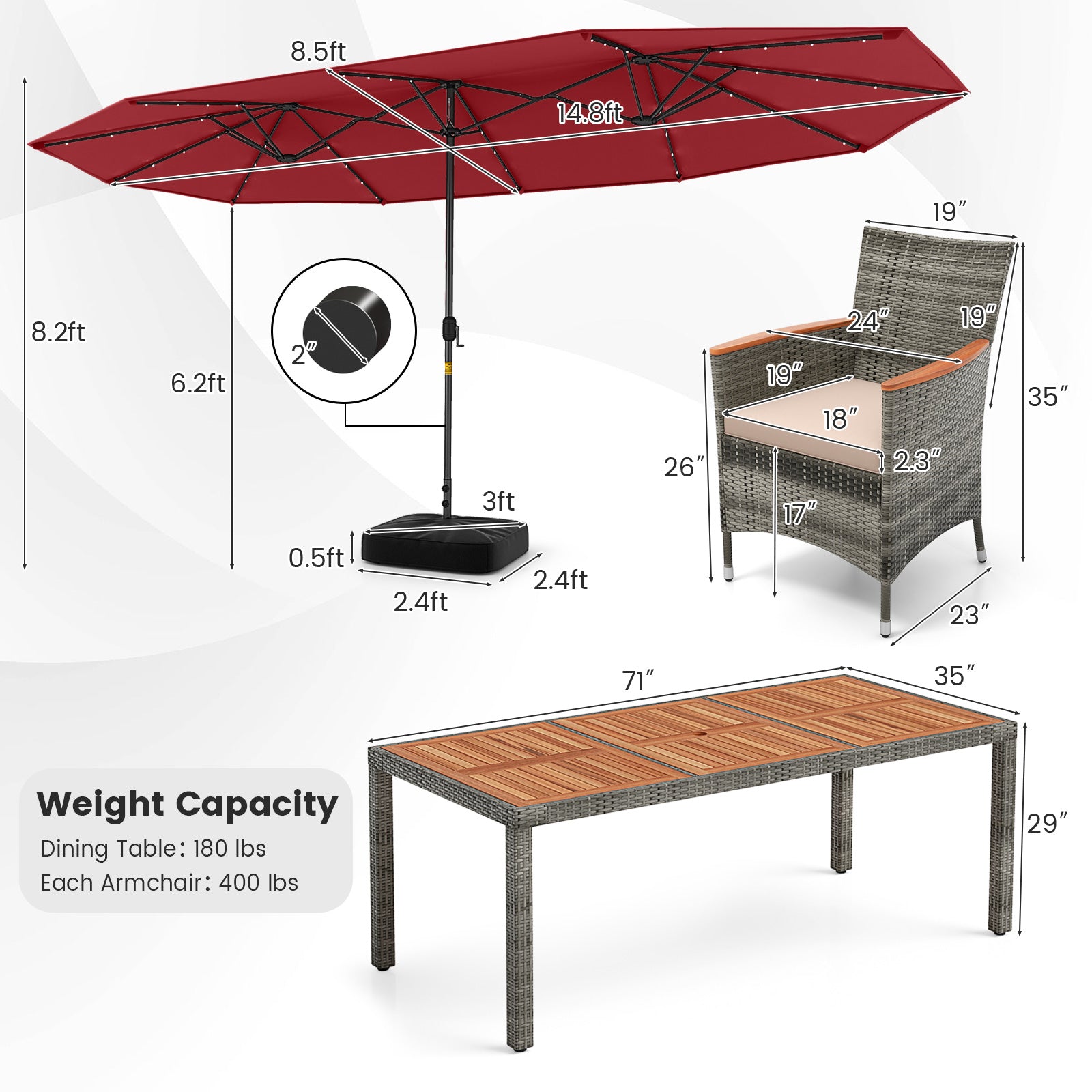 11 Pieces Patio Dining Set with 15 Feet Double-Sided Patio Umbrella Base Included, Wine Patio Dining Sets at Gallery Canada