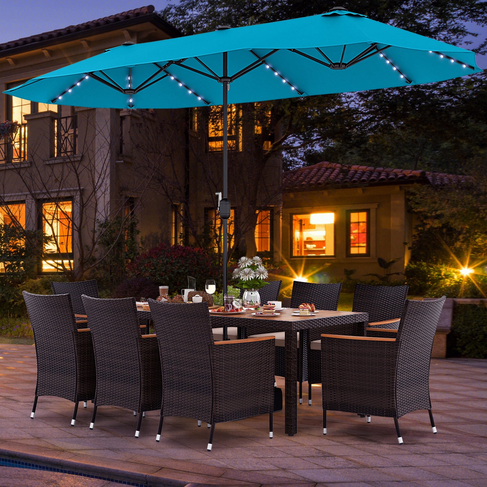 Patio Dining Set, 15ft Double-Sided Umbrella, 8 Stackable Chairs, Turquoise Patio Dining Sets at Gallery Canada
