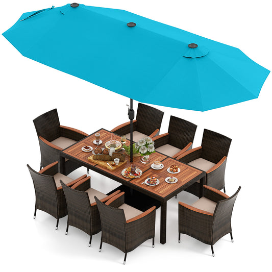 Patio Dining Set, 15ft Double-Sided Umbrella, 8 Stackable Chairs, Turquoise Patio Dining Sets Turquoise at Gallery Canada