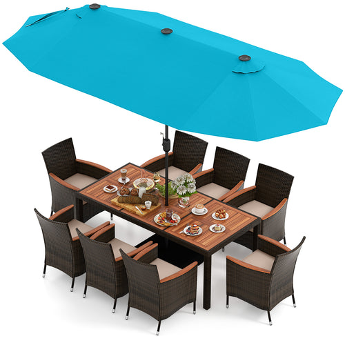 Patio Dining Set, 15ft Double-Sided Umbrella, 8 Stackable Chairs, Turquoise