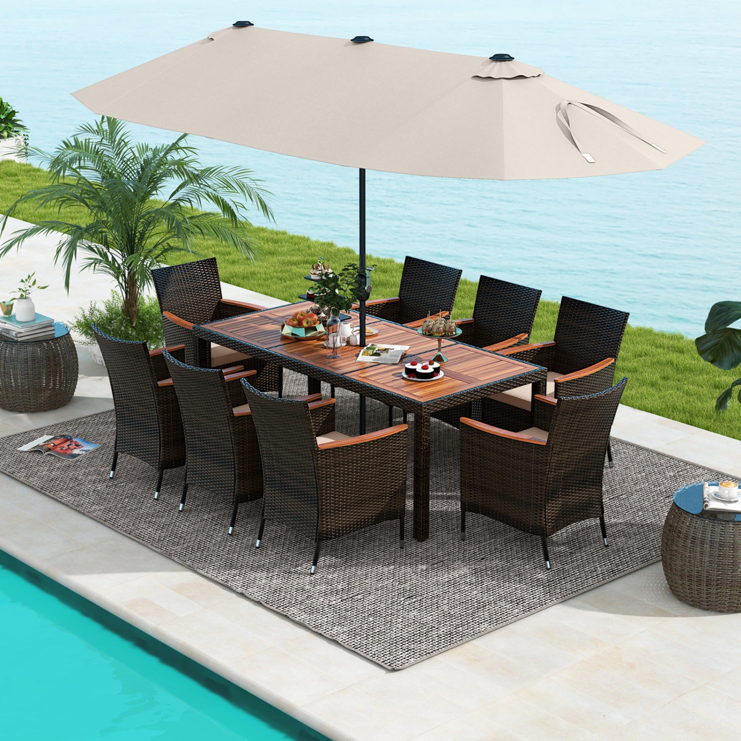 11 Piece Patio Dining Set, 15 Ft Double-Sided Umbrella, Beige Patio Dining Sets at Gallery Canada