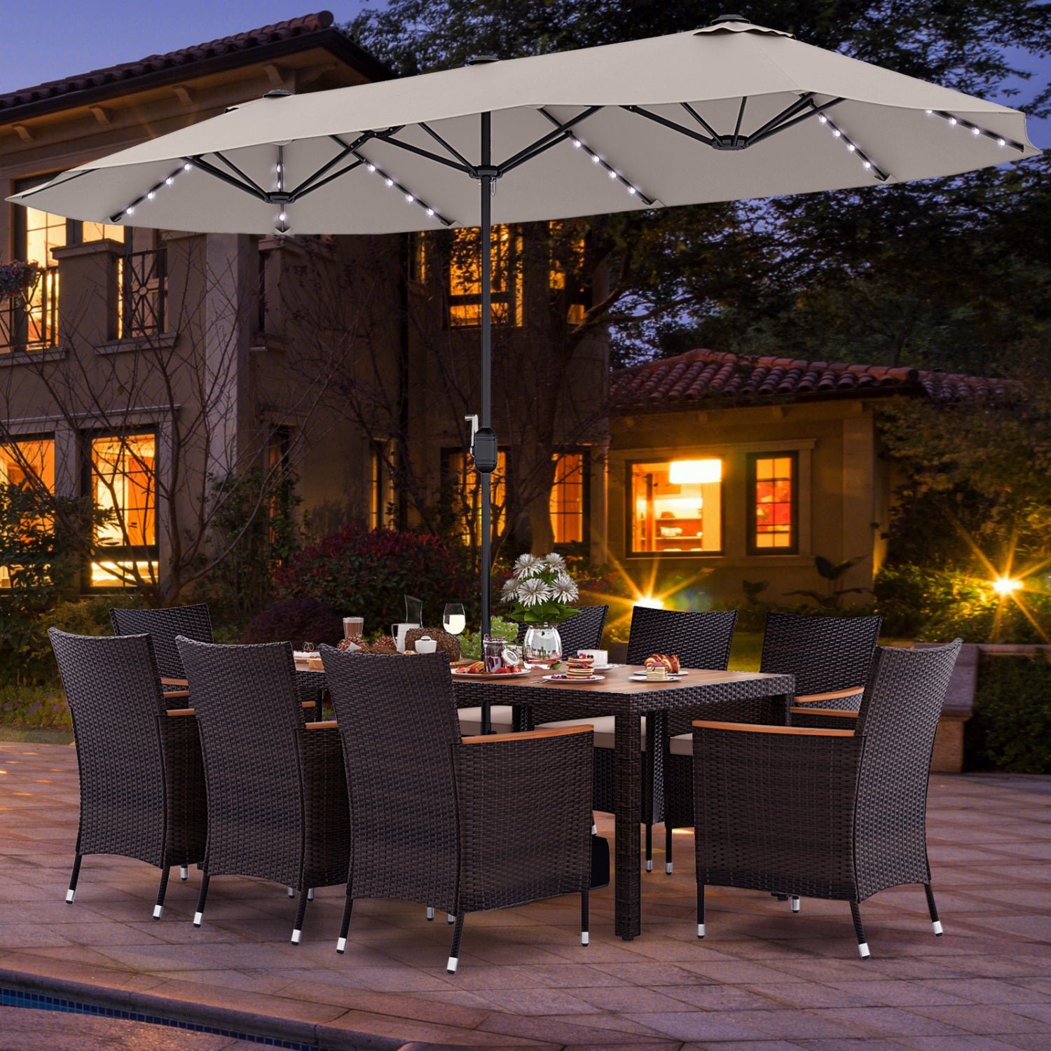11 Piece Patio Dining Set, 15 Ft Double-Sided Umbrella, Beige Patio Dining Sets at Gallery Canada