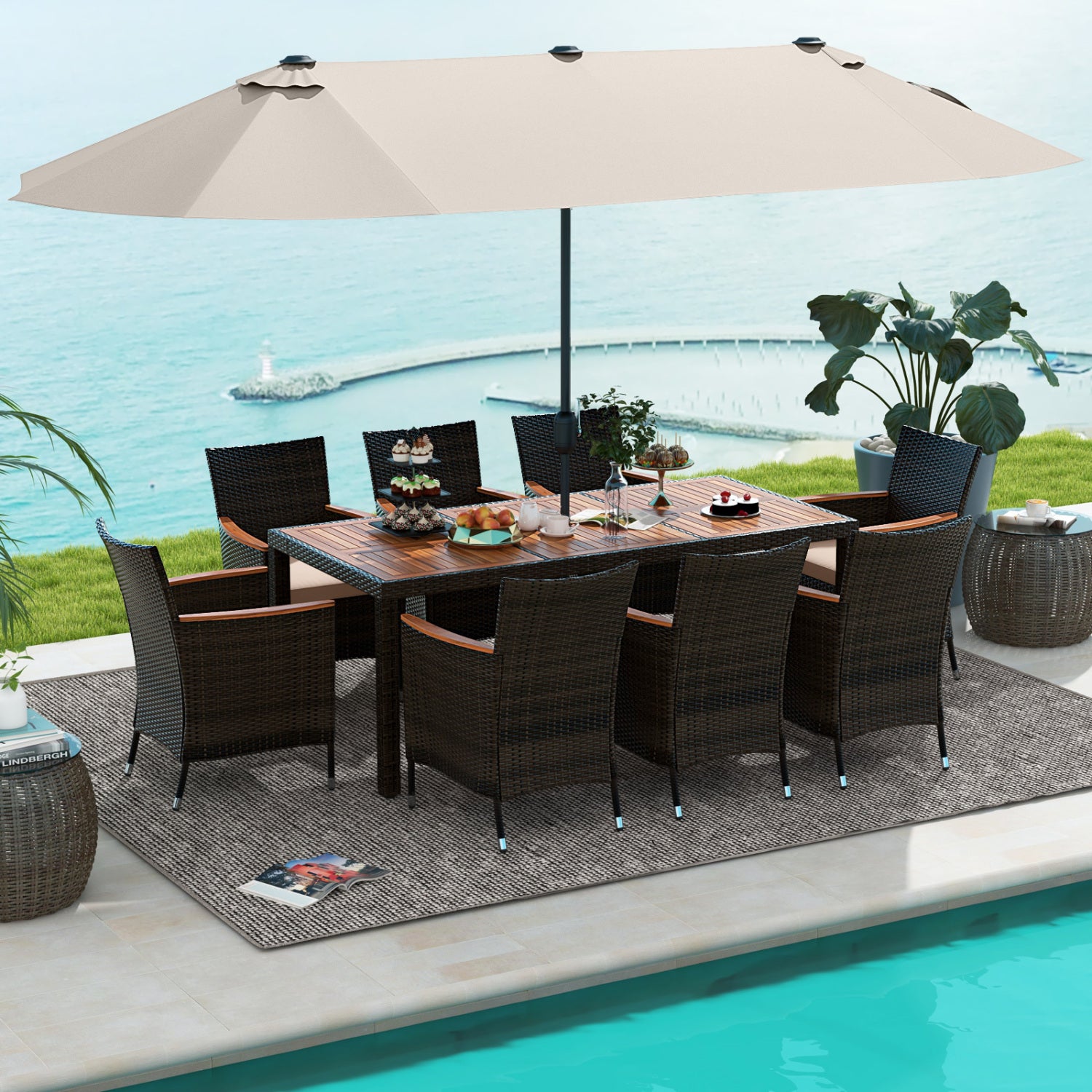 11 Piece Patio Dining Set, 15 Ft Double-Sided Umbrella, Beige Patio Dining Sets at Gallery Canada