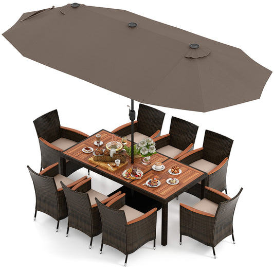 11 Piece Patio Dining Set, 15 Ft Double-Sided Umbrella With Base Patio Dining Sets Coffee at Gallery Canada