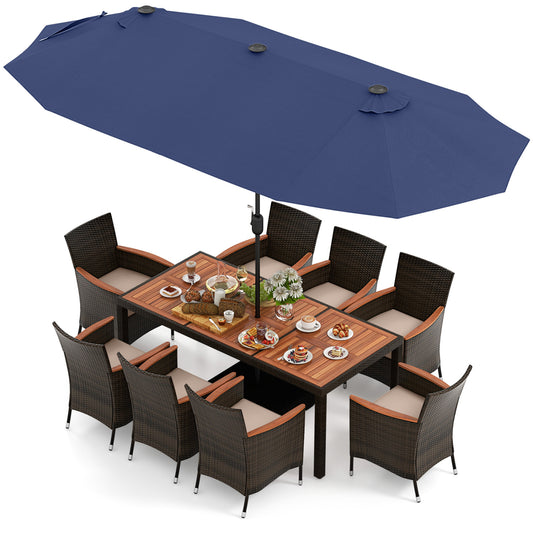 11 Piece Patio Dining Set, 15 Ft Double-Sided Umbrella, Navy Patio Dining Sets Navy at Gallery Canada