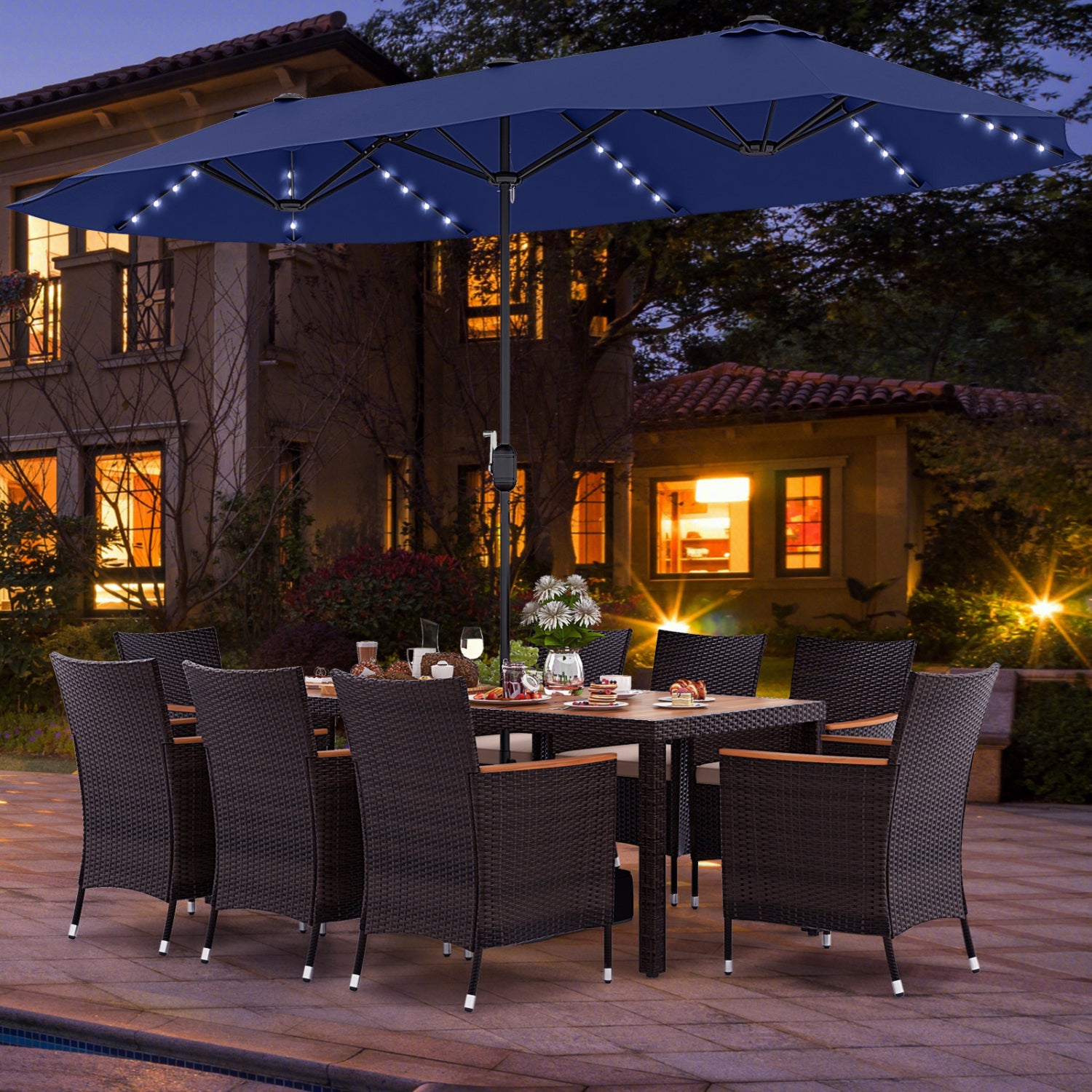 11 Piece Patio Dining Set, 15 Ft Double-Sided Umbrella, Navy Patio Dining Sets at Gallery Canada