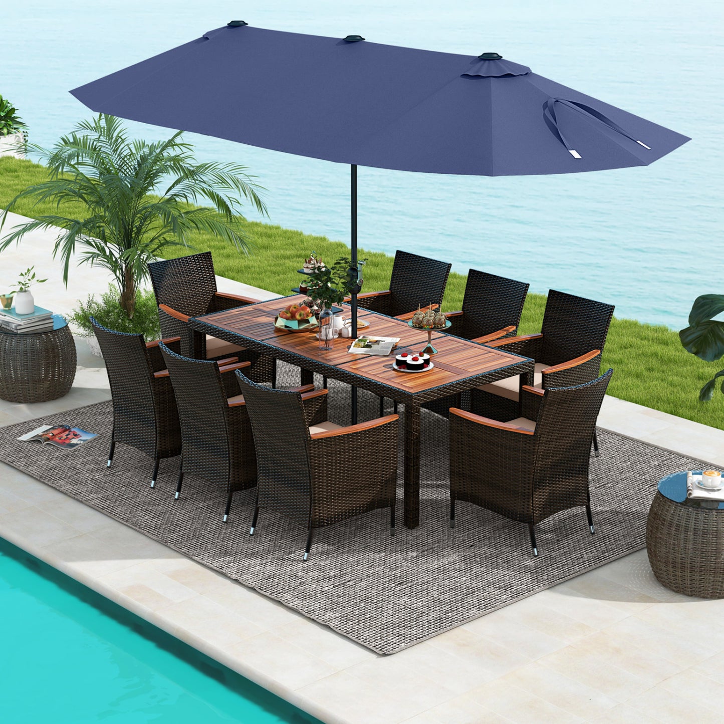 11 Piece Patio Dining Set, 15 Ft Double-Sided Umbrella, Navy Patio Dining Sets at Gallery Canada