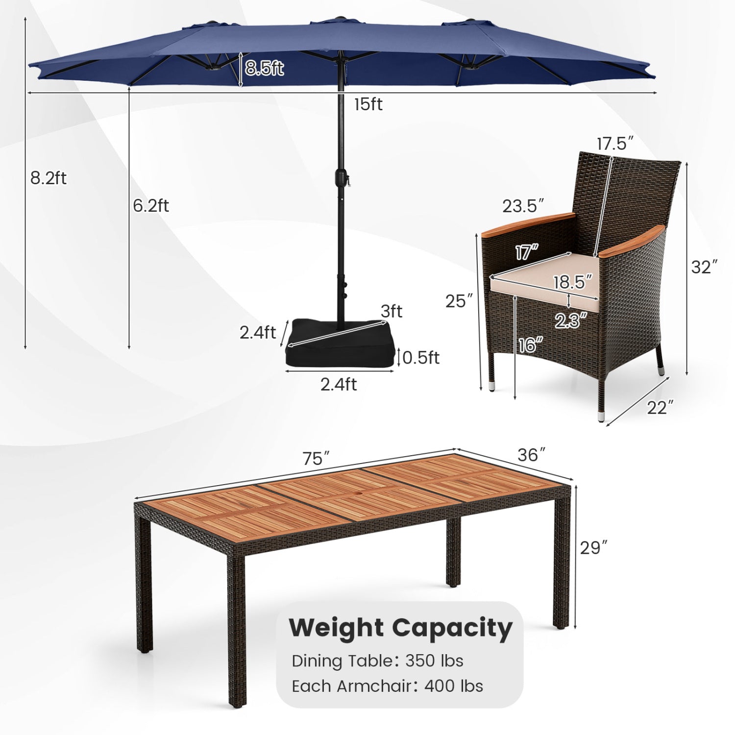 11 Piece Patio Dining Set, 15 Ft Double-Sided Umbrella, Navy Patio Dining Sets at Gallery Canada