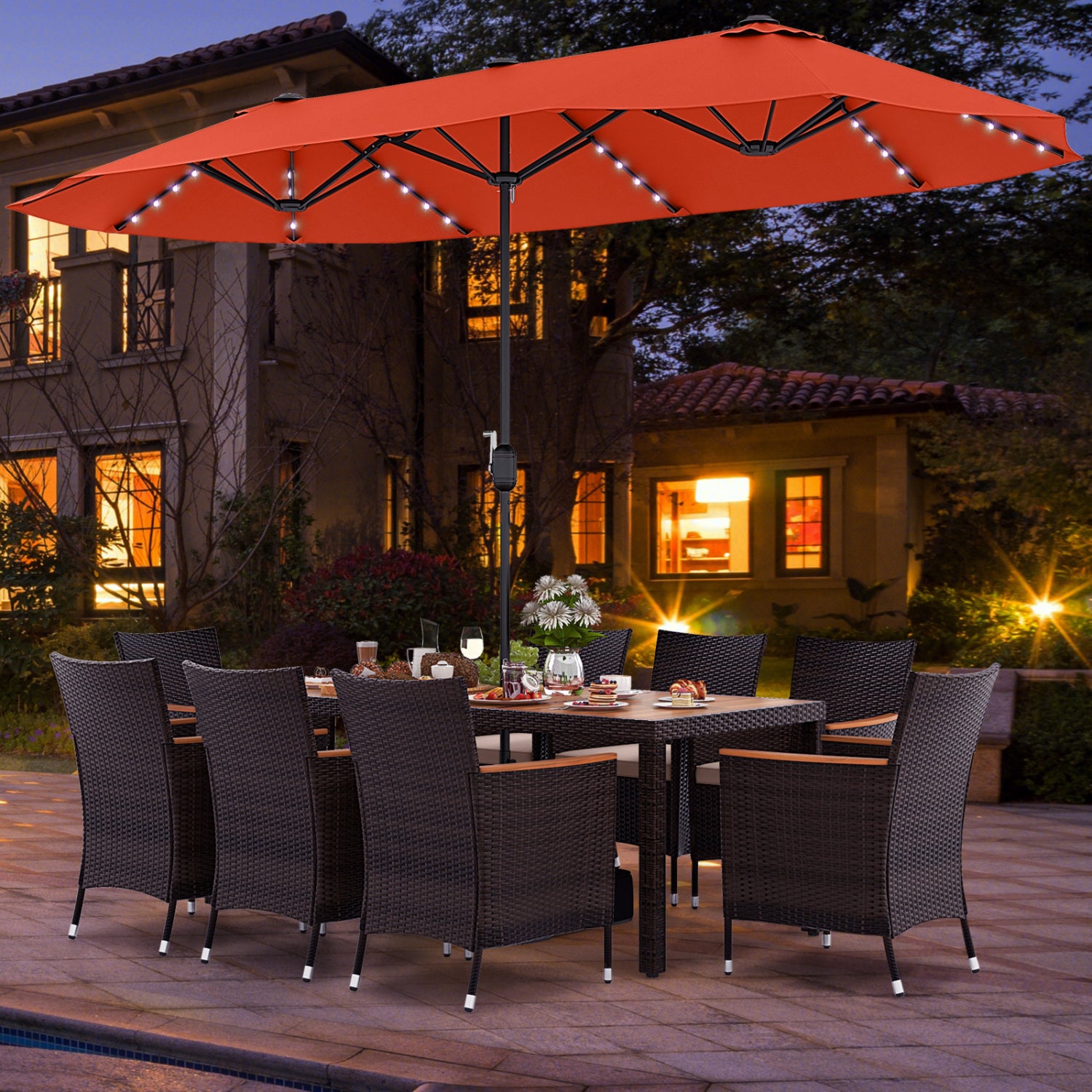 11 Piece Patio Dining Set, 15 Ft Double Sided Umbrella With Base, Orange Patio Dining Sets at Gallery Canada
