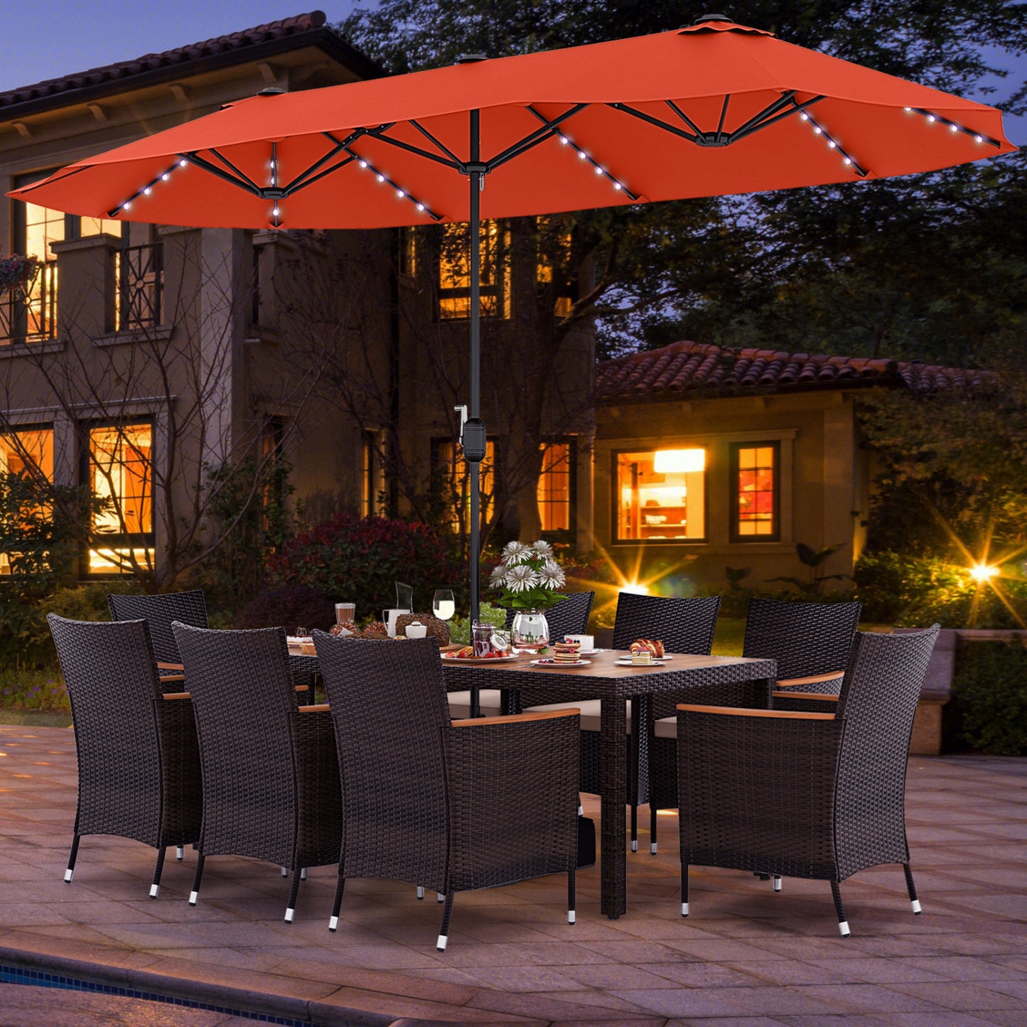 11 Piece Patio Dining Set, 15 Ft Double Sided Umbrella With Base, Orange Patio Dining Sets at Gallery Canada