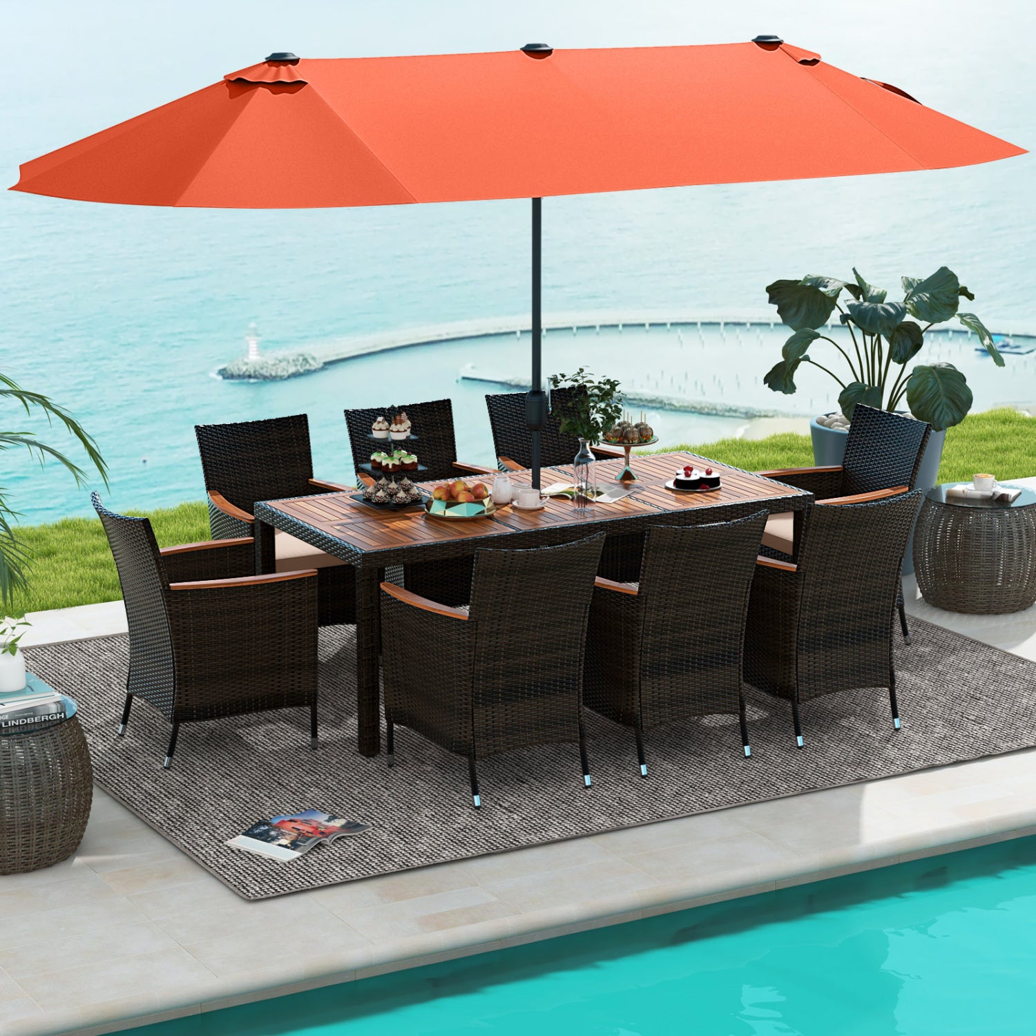 11 Piece Patio Dining Set, 15 Ft Double Sided Umbrella With Base, Orange Patio Dining Sets at Gallery Canada