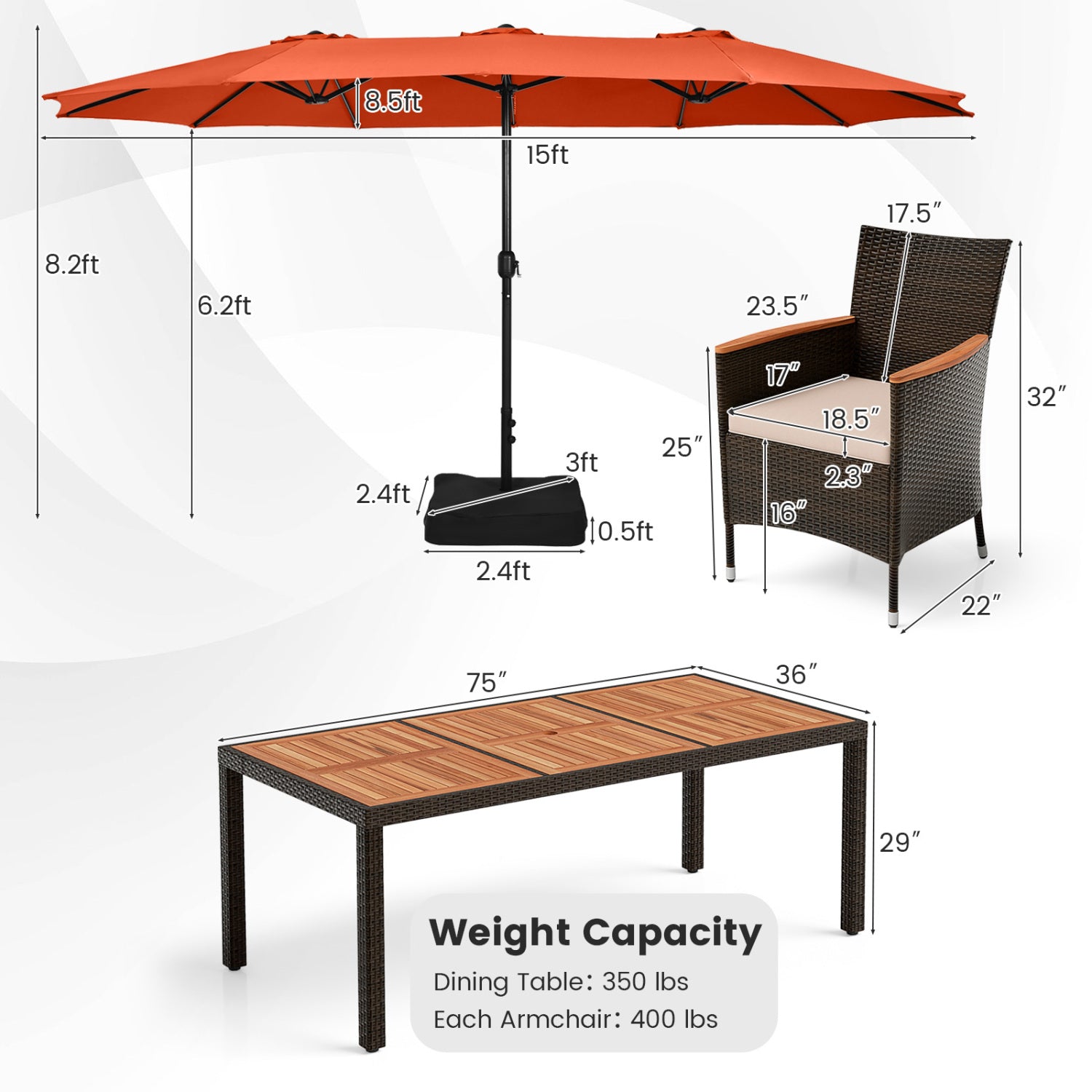 11 Piece Patio Dining Set, 15 Ft Double Sided Umbrella With Base, Orange Patio Dining Sets at Gallery Canada