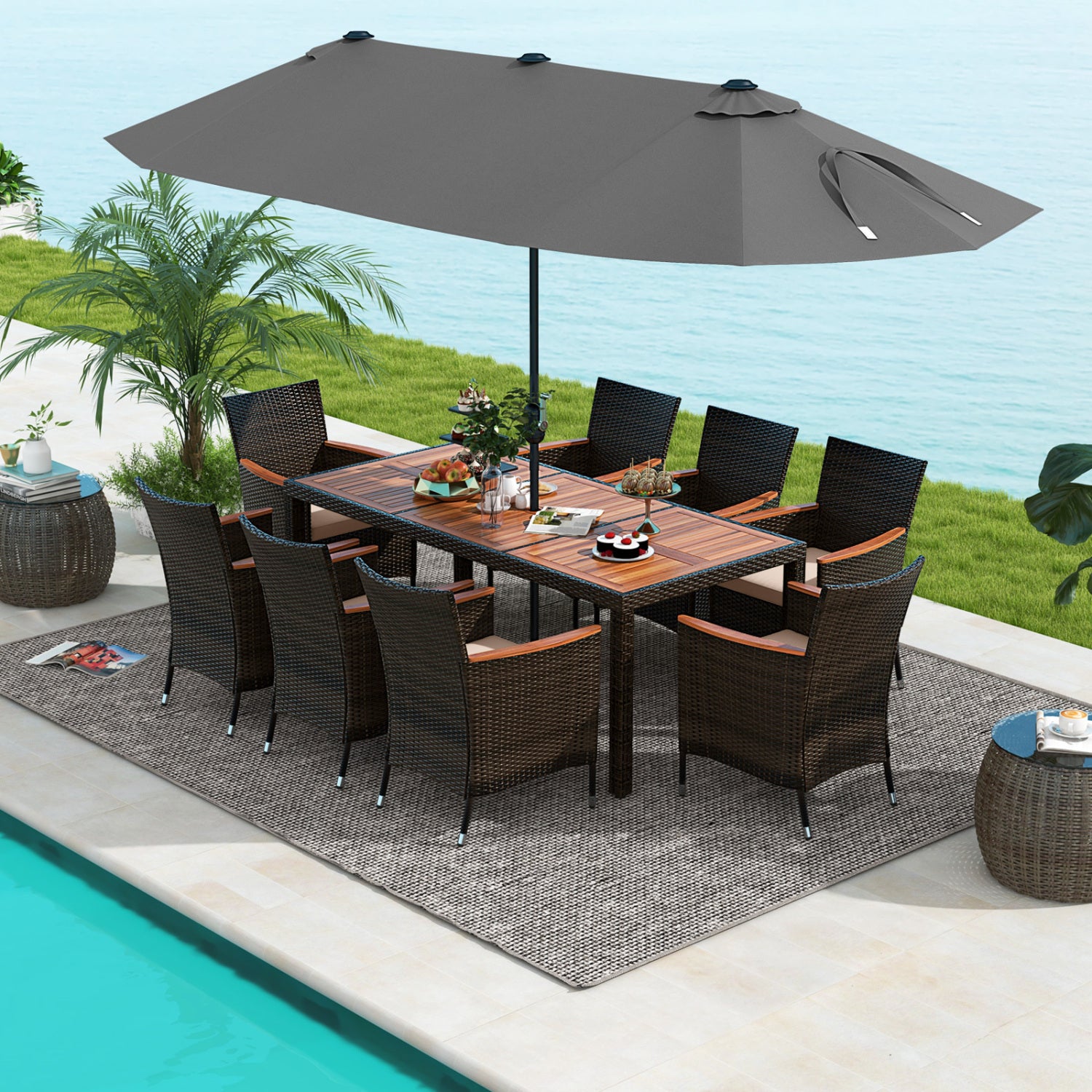 11 Piece Patio Dining Set, 15 Ft Umbrella, Gray Patio Dining Sets at Gallery Canada