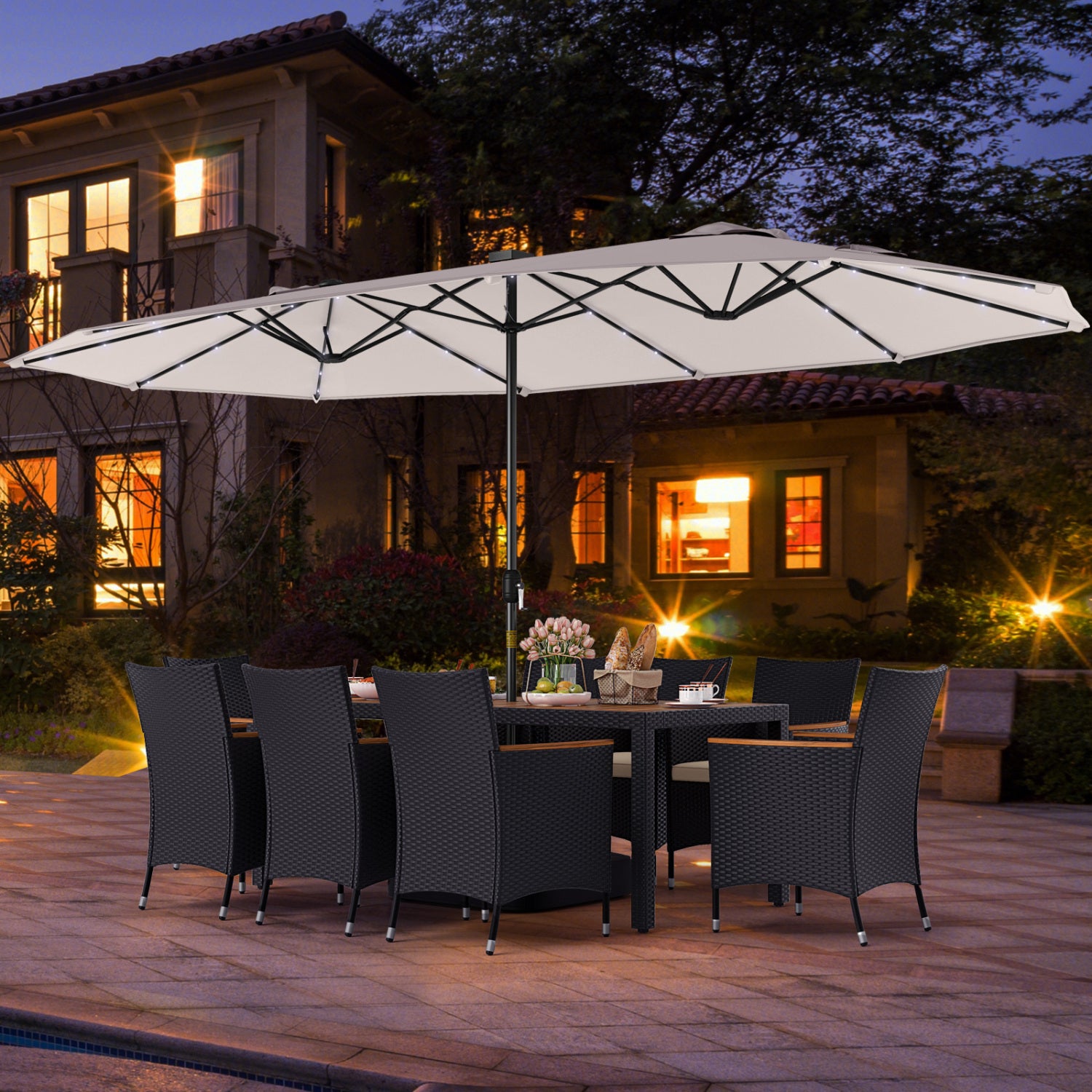 11 Piece Patio Dining Set With LED Umbrella, Base, Cushions, Beige Patio Dining Sets at Gallery Canada