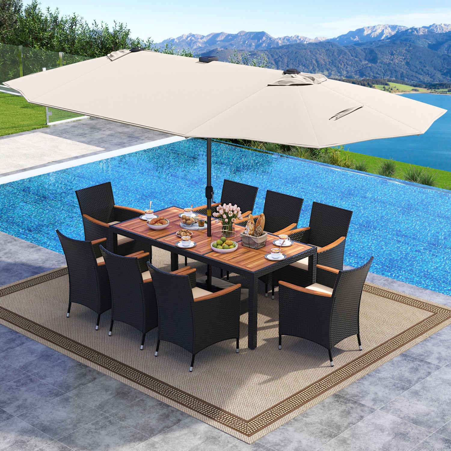 11 Piece Patio Dining Set With LED Umbrella, Base, Cushions, Beige Patio Dining Sets at Gallery Canada