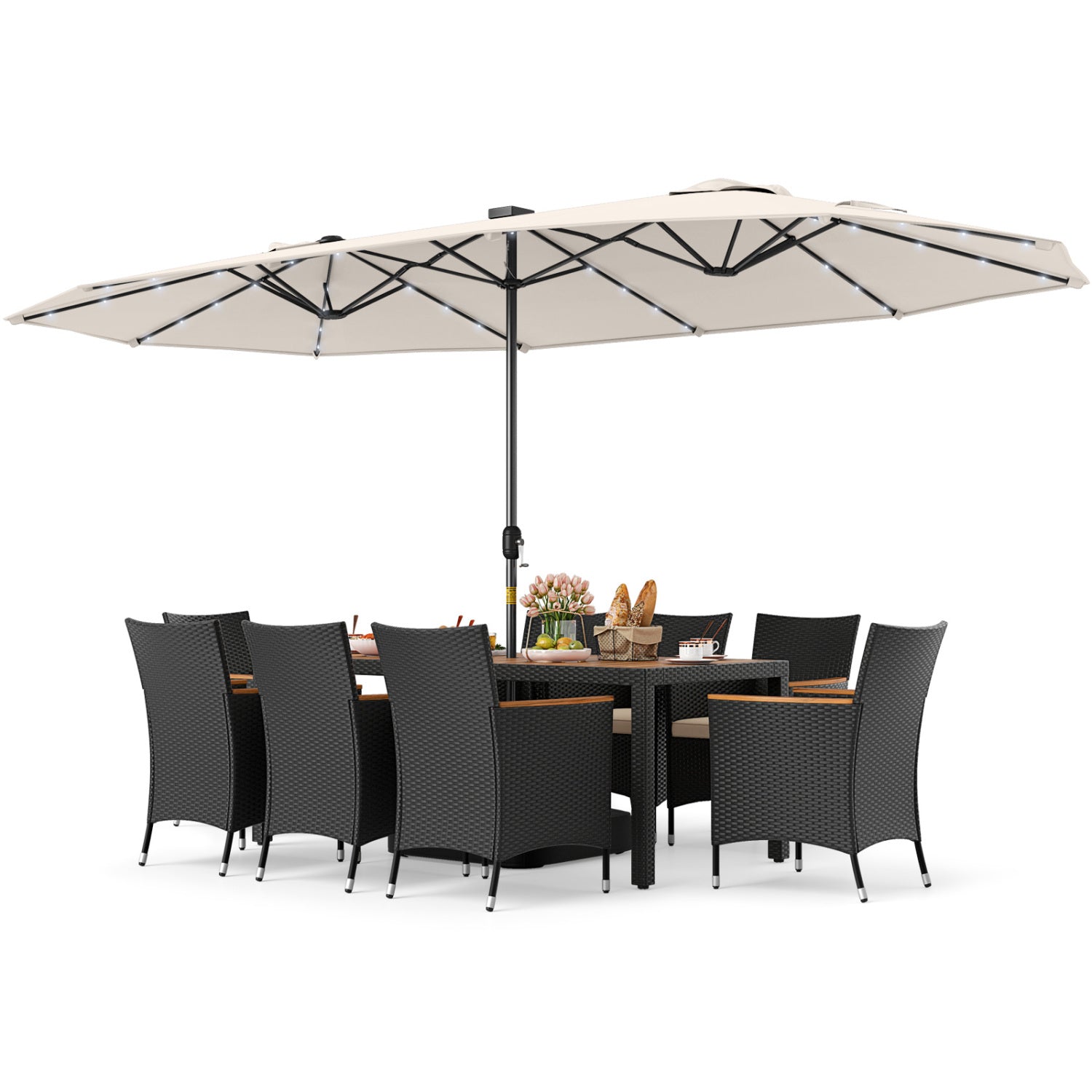 11 Piece Patio Dining Set With LED Umbrella, Base, Cushions, Beige Patio Dining Sets at Gallery Canada