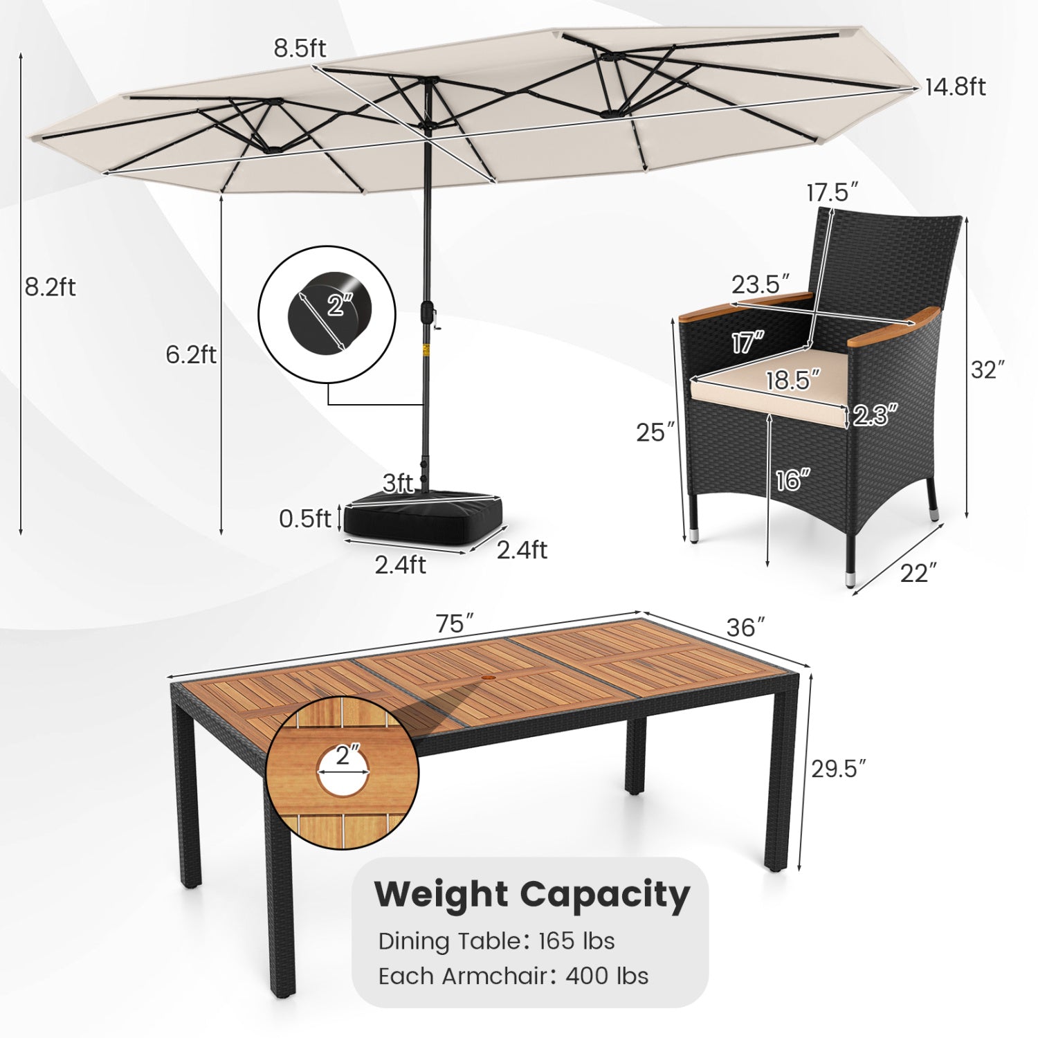 11 Piece Patio Dining Set With LED Umbrella, Base, Cushions, Beige Patio Dining Sets at Gallery Canada