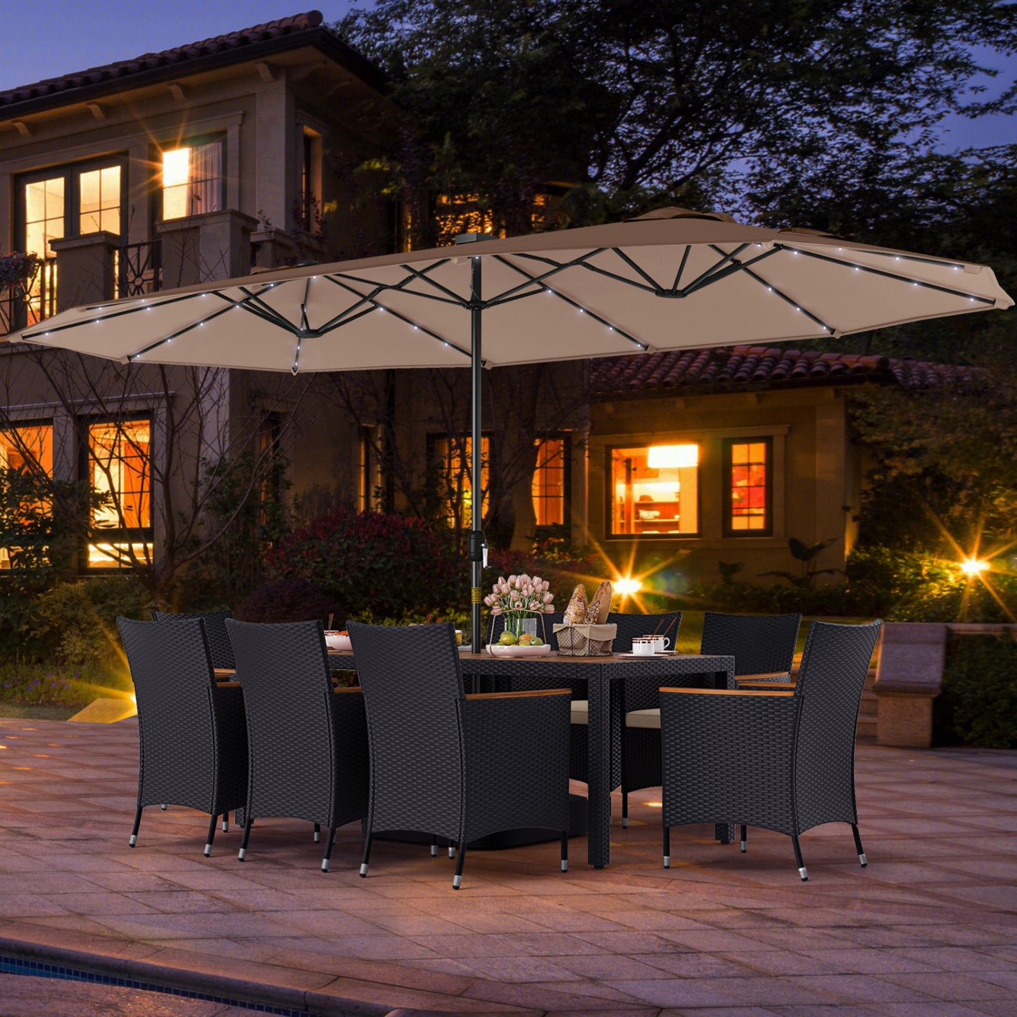 11 Piece Patio Dining Set With LED Umbrella, Base, Cushions, Beige Patio Dining Sets at Gallery Canada