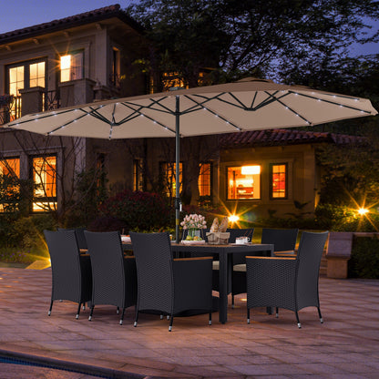 11 Piece Patio Dining Set With LED Umbrella, Base, Cushions, Beige Patio Dining Sets at Gallery Canada