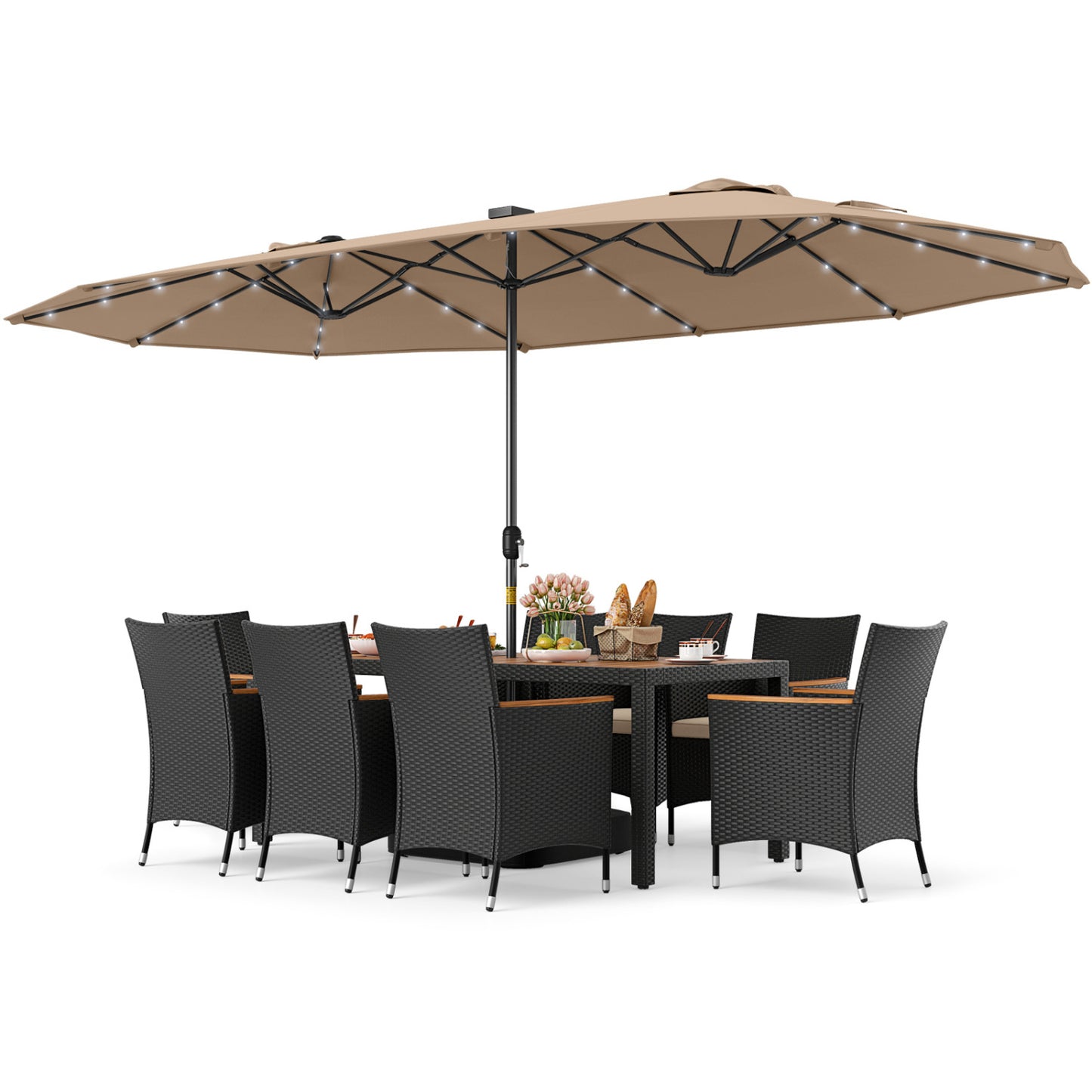 11 Piece Patio Dining Set With LED Umbrella, Base, Cushions, Beige Patio Dining Sets at Gallery Canada