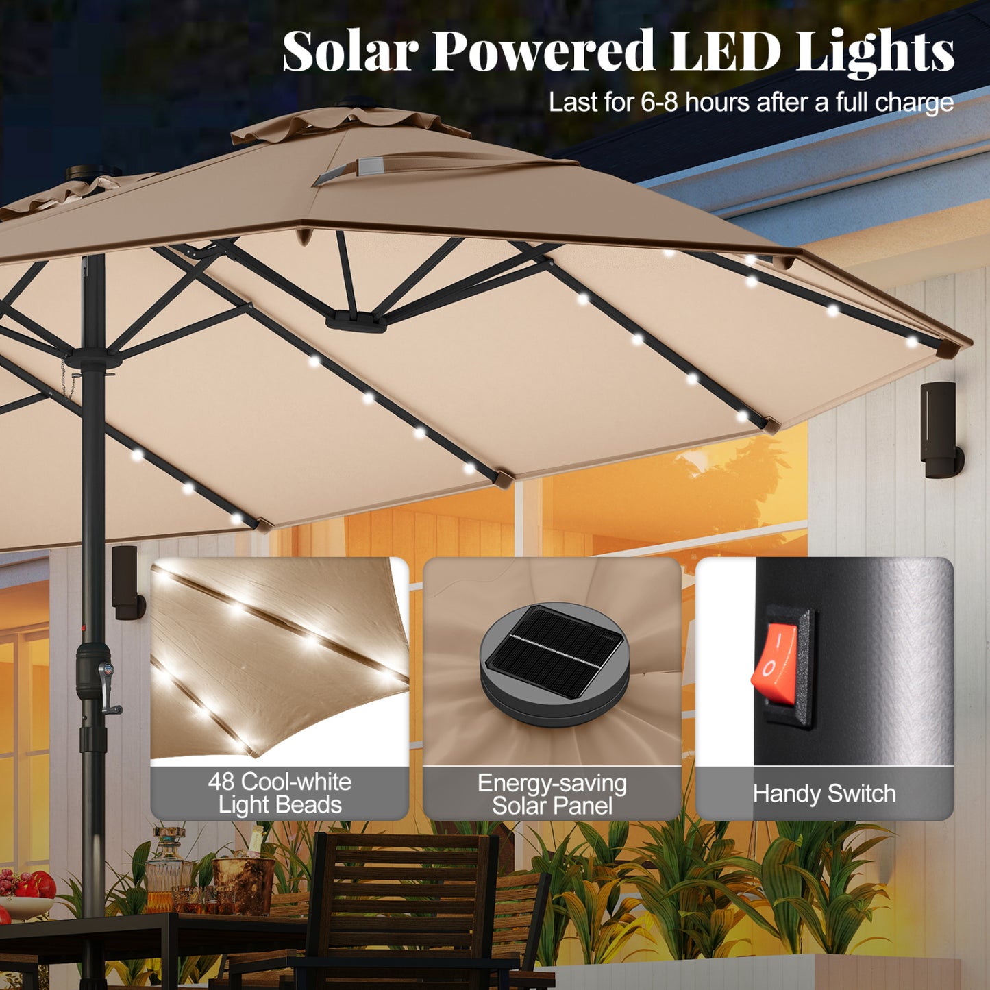 11 Piece Patio Dining Set With LED Umbrella, Base, Cushions, Beige Patio Dining Sets at Gallery Canada