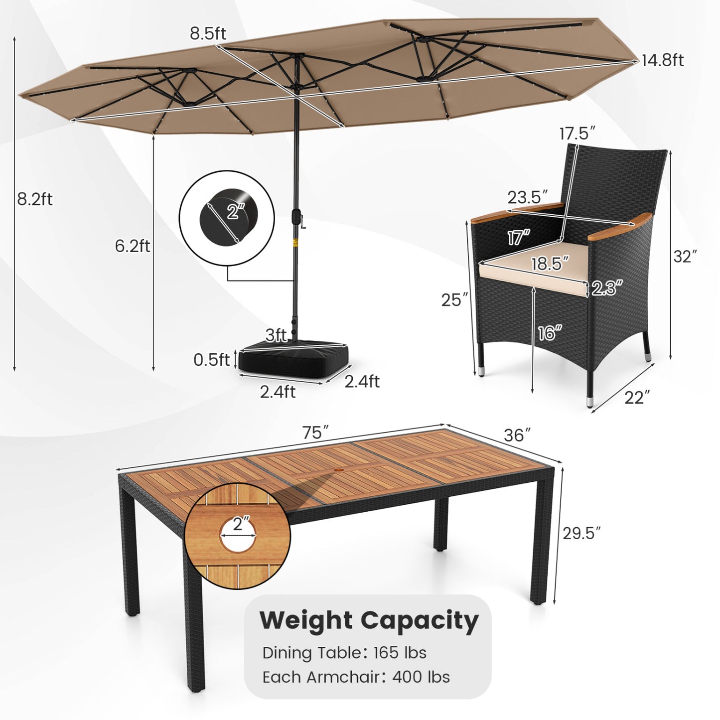 11 Piece Patio Dining Set With LED Umbrella, Base, Cushions, Beige Patio Dining Sets at Gallery Canada