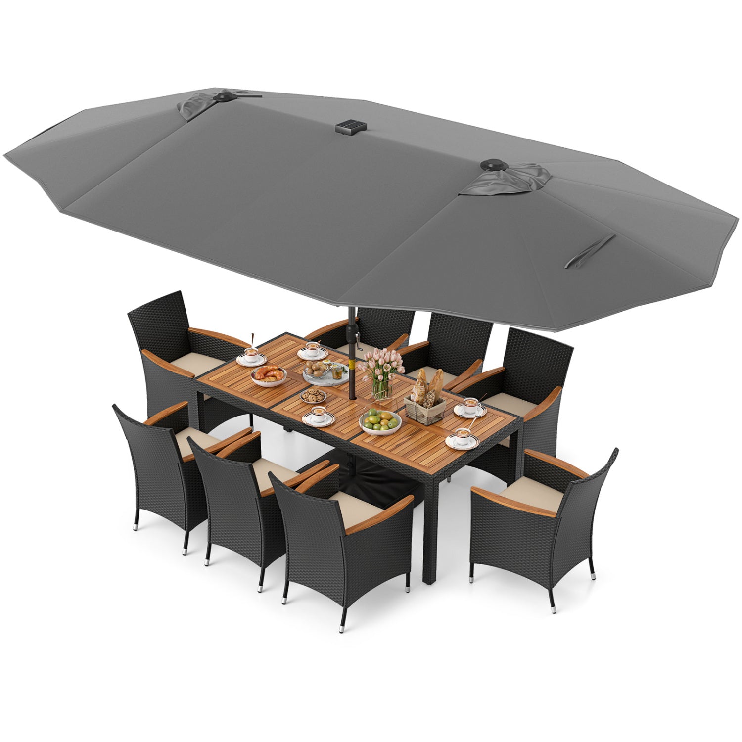11 Piece Patio Dining Set, LED Umbrella, Base, Seat Cushions, Beige, Gray Patio Dining Sets Gray at Gallery Canada