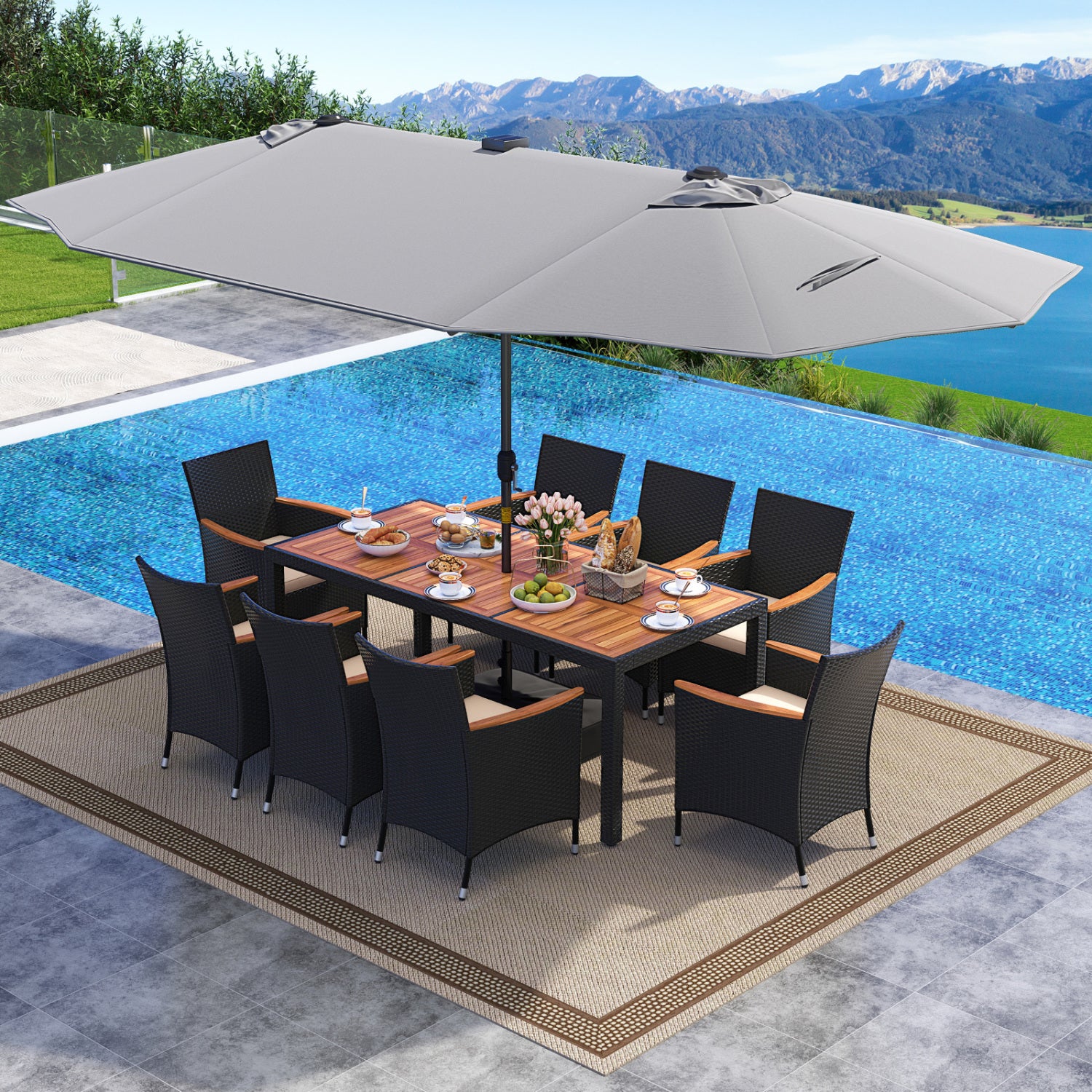 11 Piece Patio Dining Set, LED Umbrella, Base, Seat Cushions, Beige, Gray Patio Dining Sets at Gallery Canada