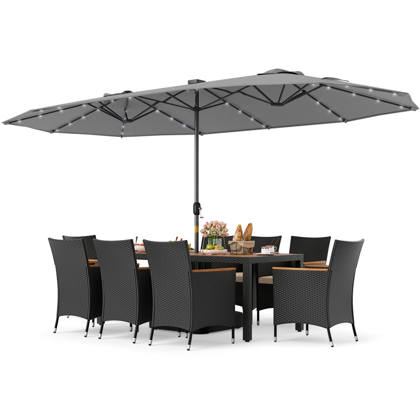 11 Piece Patio Dining Set, LED Umbrella, Base, Seat Cushions, Beige, Gray Patio Dining Sets at Gallery Canada
