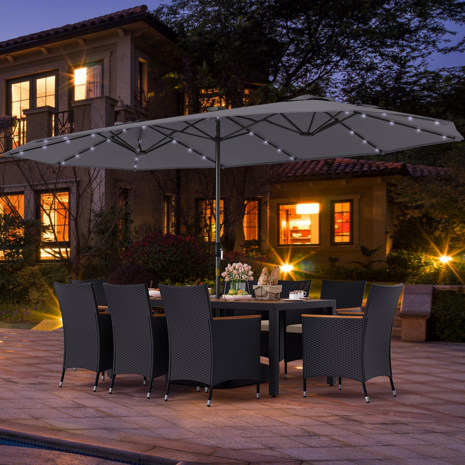 11 Piece Patio Dining Set, LED Umbrella, Base, Seat Cushions, Beige, Gray Patio Dining Sets at Gallery Canada