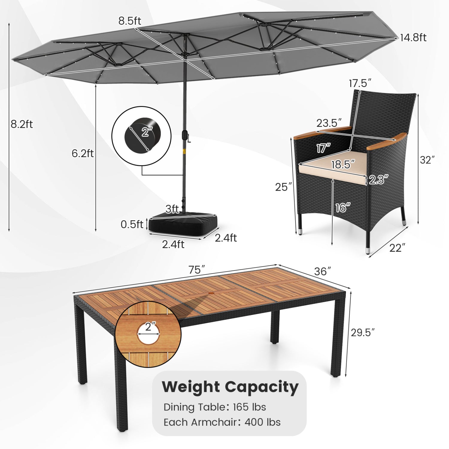 11 Piece Patio Dining Set, LED Umbrella, Base, Seat Cushions, Beige, Gray Patio Dining Sets at Gallery Canada
