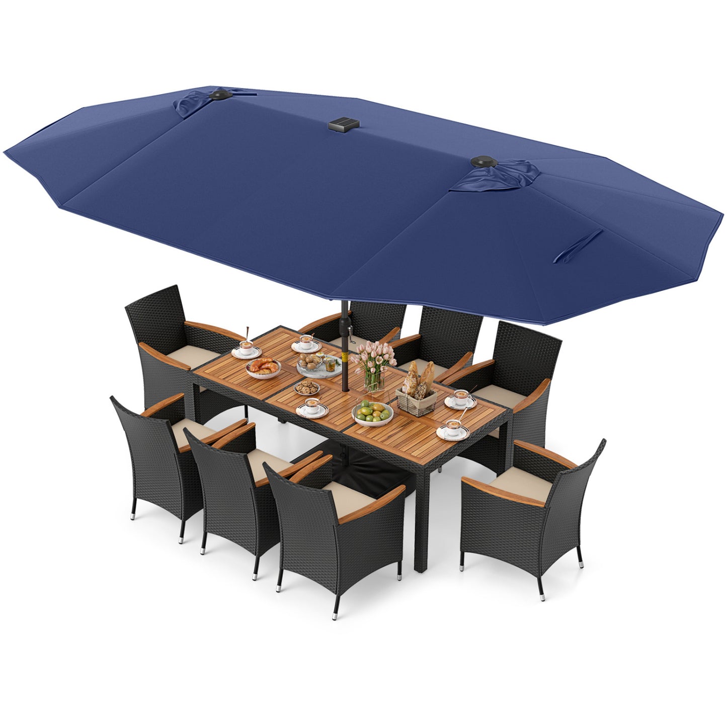 11 Pieces Patio Dining Set with LED Patio Umbrella with Base and Seat Cushions (Beige), Navy Patio Dining Sets at Gallery Canada