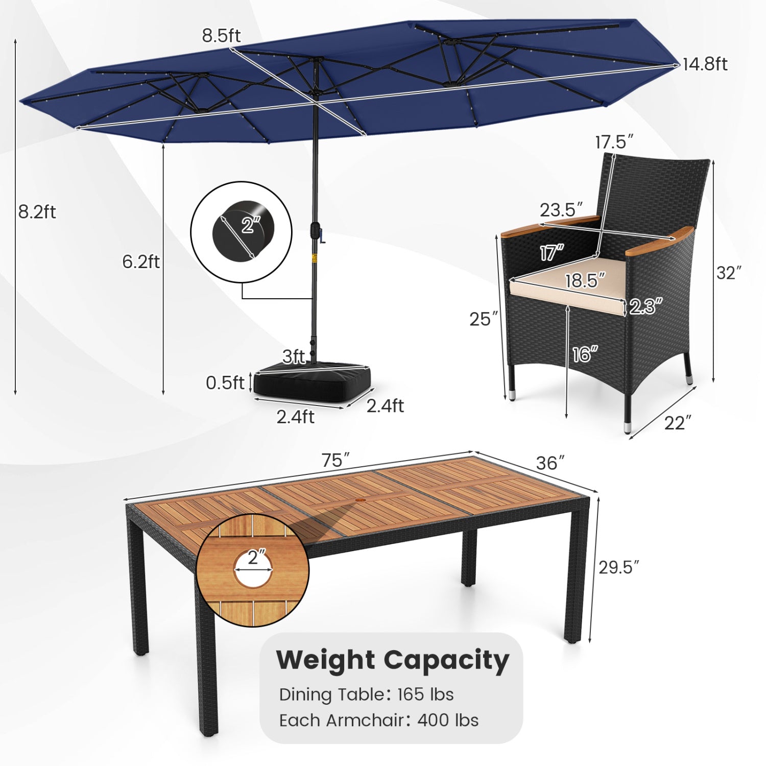 11 Pieces Patio Dining Set with LED Patio Umbrella with Base and Seat Cushions (Beige), Navy Patio Dining Sets at Gallery Canada