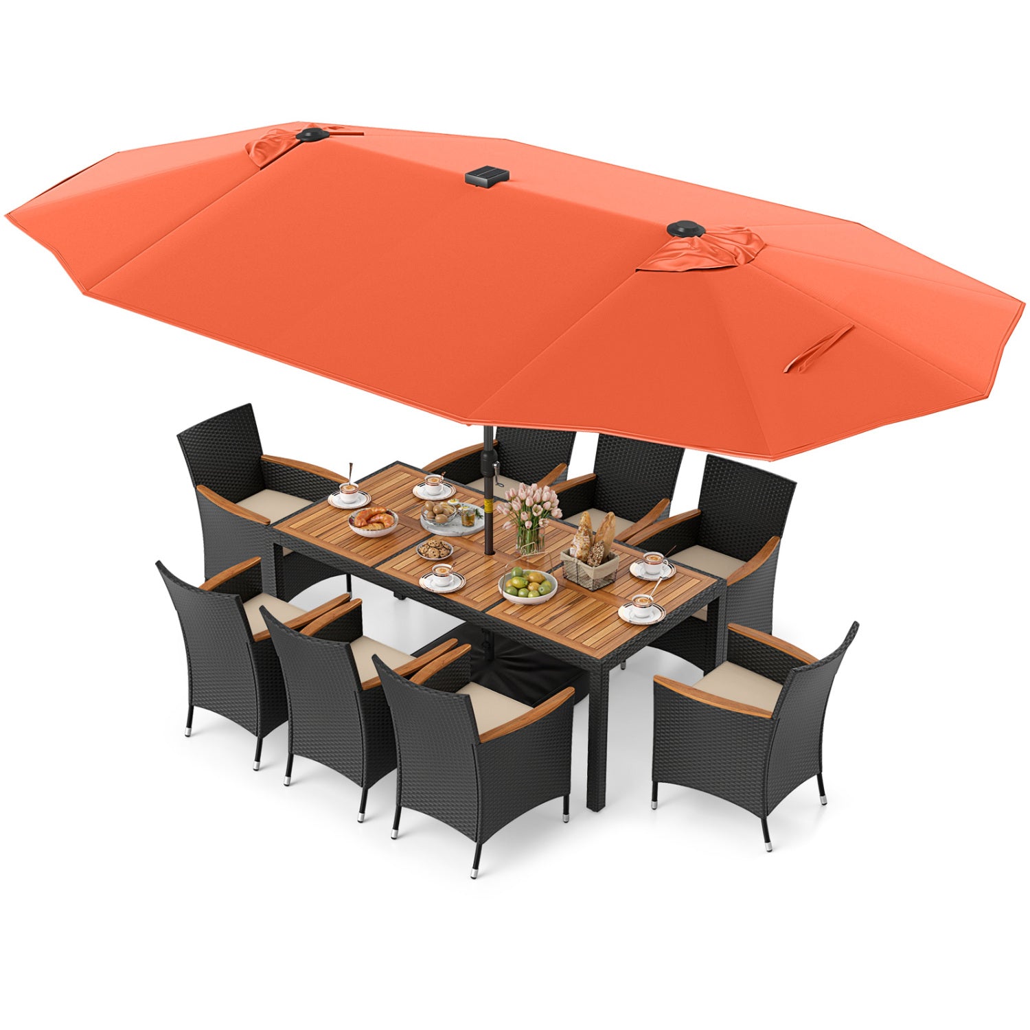 11 Piece Patio Dining Set, LED Umbrella With Base, Seat Cushions, Orange Beige Patio Dining Sets Orange at Gallery Canada