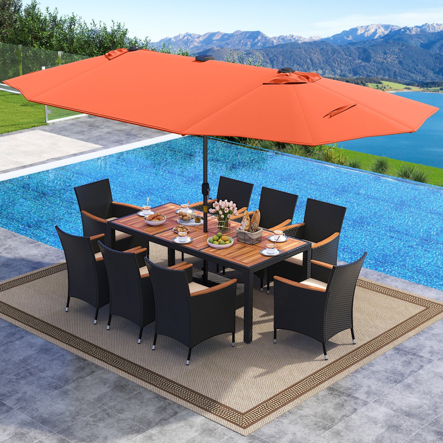 11 Piece Patio Dining Set, LED Umbrella With Base, Seat Cushions, Orange Beige Patio Dining Sets at Gallery Canada