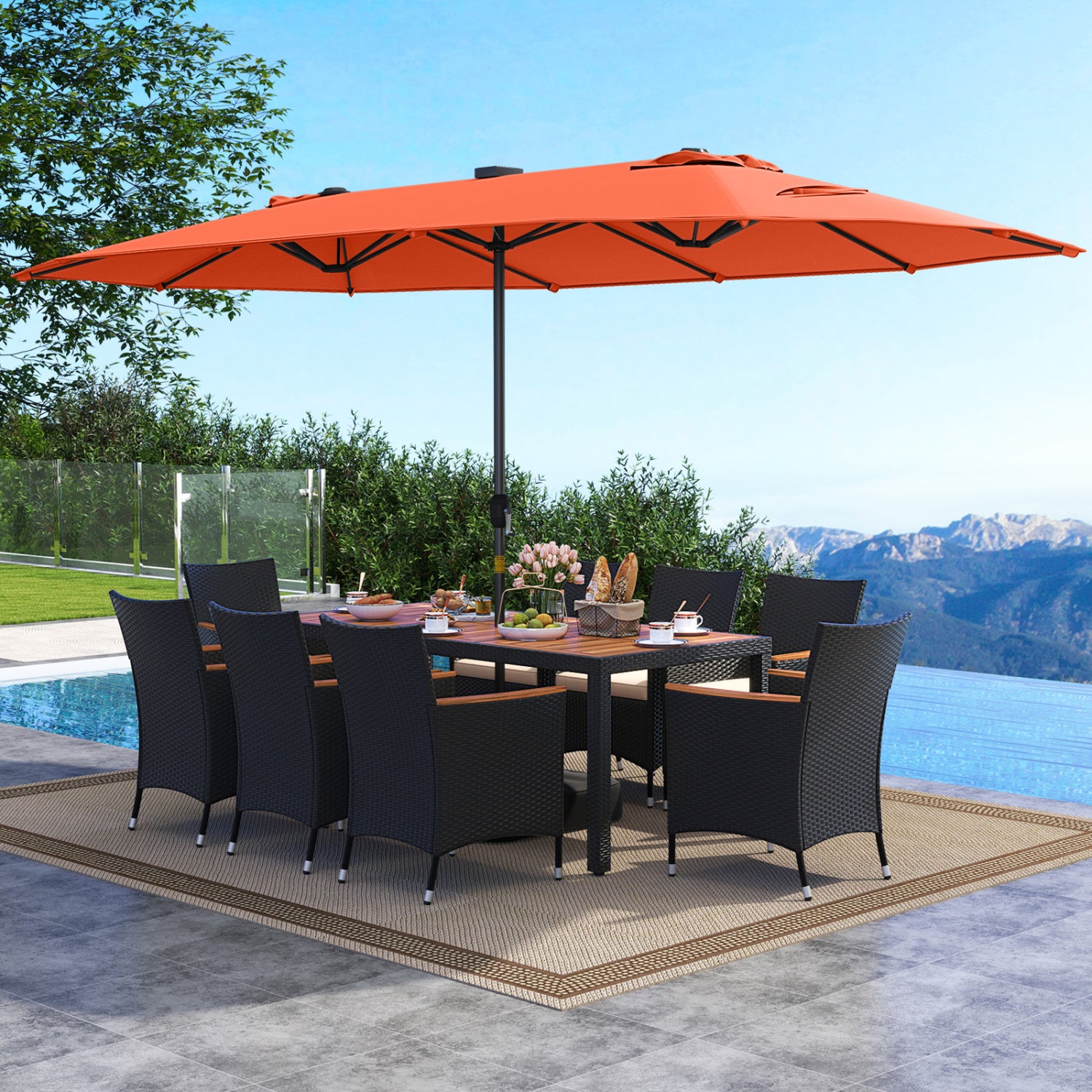 11 Piece Patio Dining Set, LED Umbrella With Base, Seat Cushions, Orange Beige Patio Dining Sets at Gallery Canada